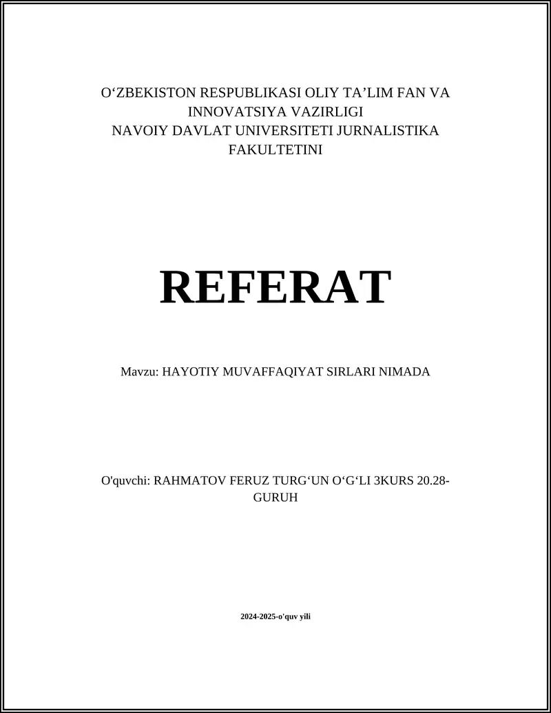 HAYOTIY MUVAFFAQIYAT SIRLARI NIMADA
