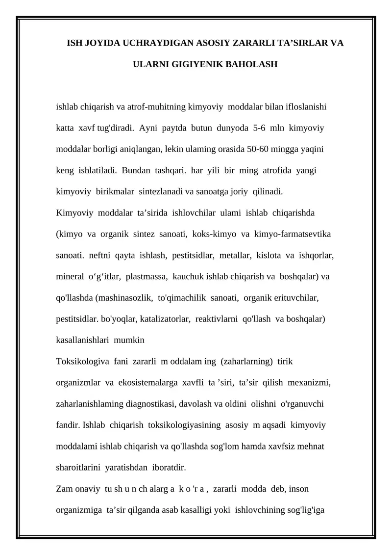Kimyoviy moddalar va ularning gigiyenik baholash
