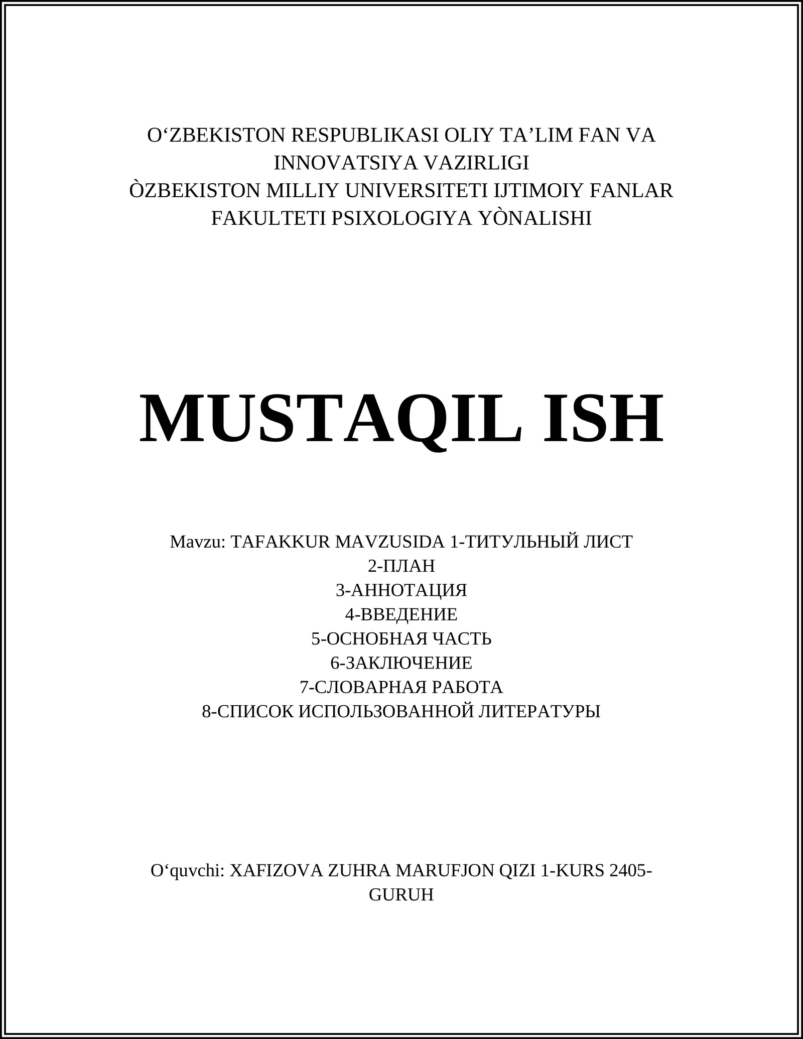 TAFAKKUR MAVZUSIDA