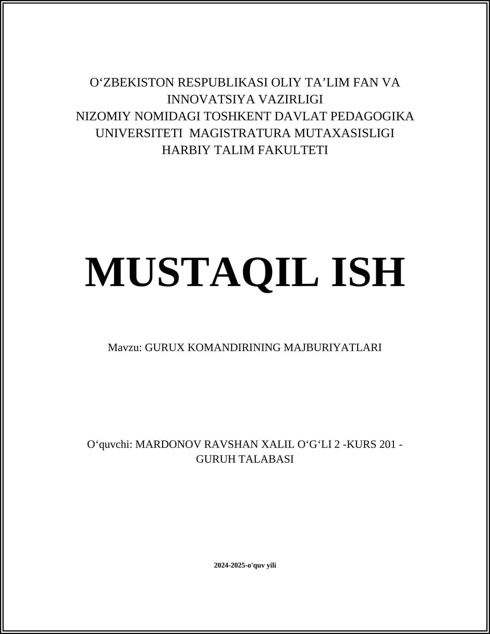 GURUX KOMANDIRINING MAJBURIYATLARI