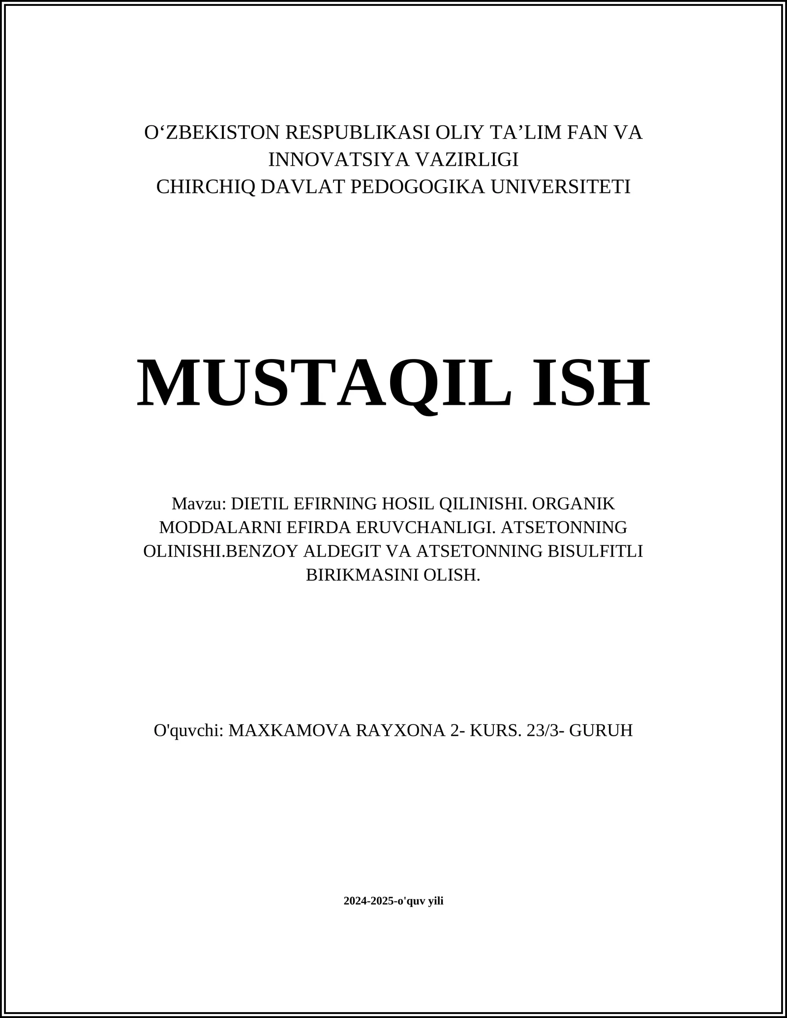 DIETIL EFIRNING HOSIL QILINISHI