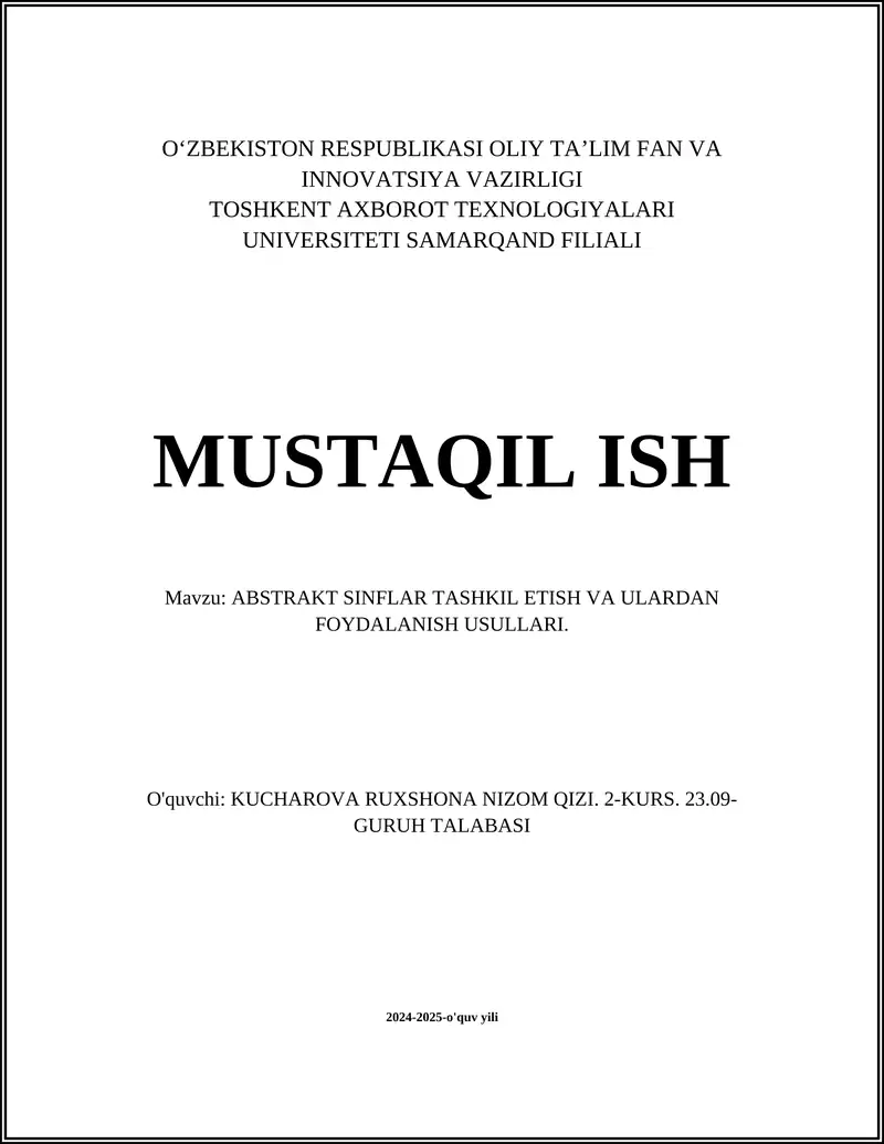 ABSTRAKT SINFLAR TASHKIL ETISH VA ULARDAN FOYDALANISH USULLARI
