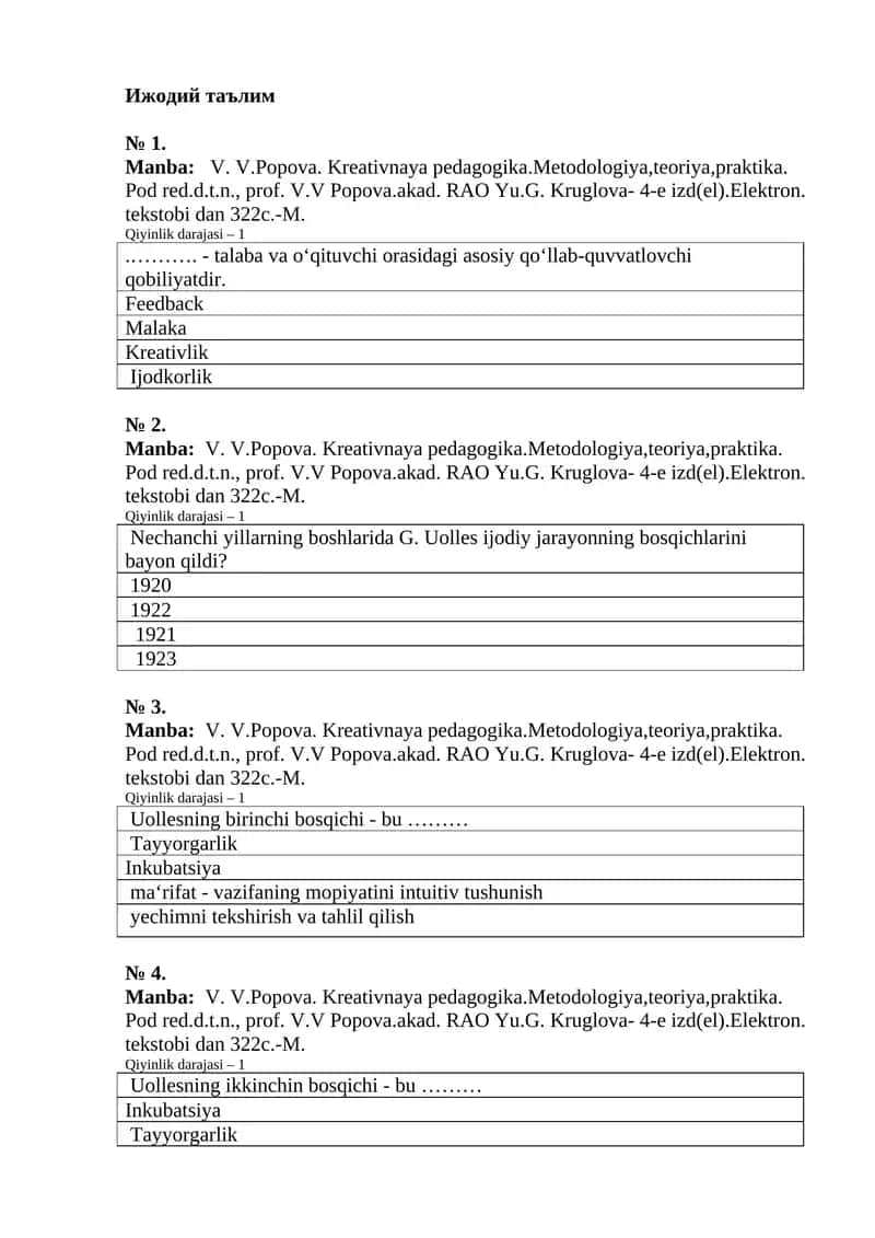 Kreativ Pedagogika amaliy ish