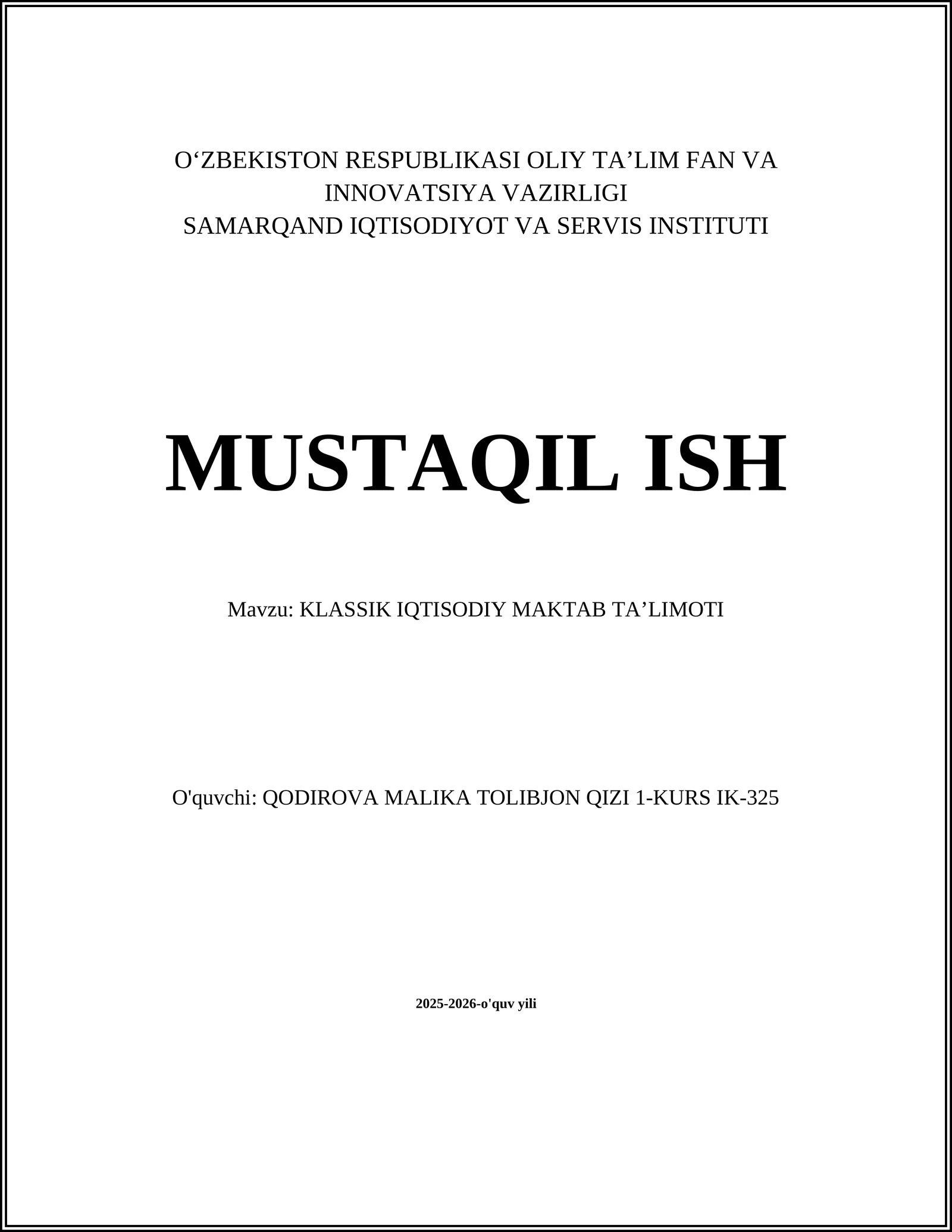 KLASSIK IQTISODIY MAKTAB TAʼLIMOTI