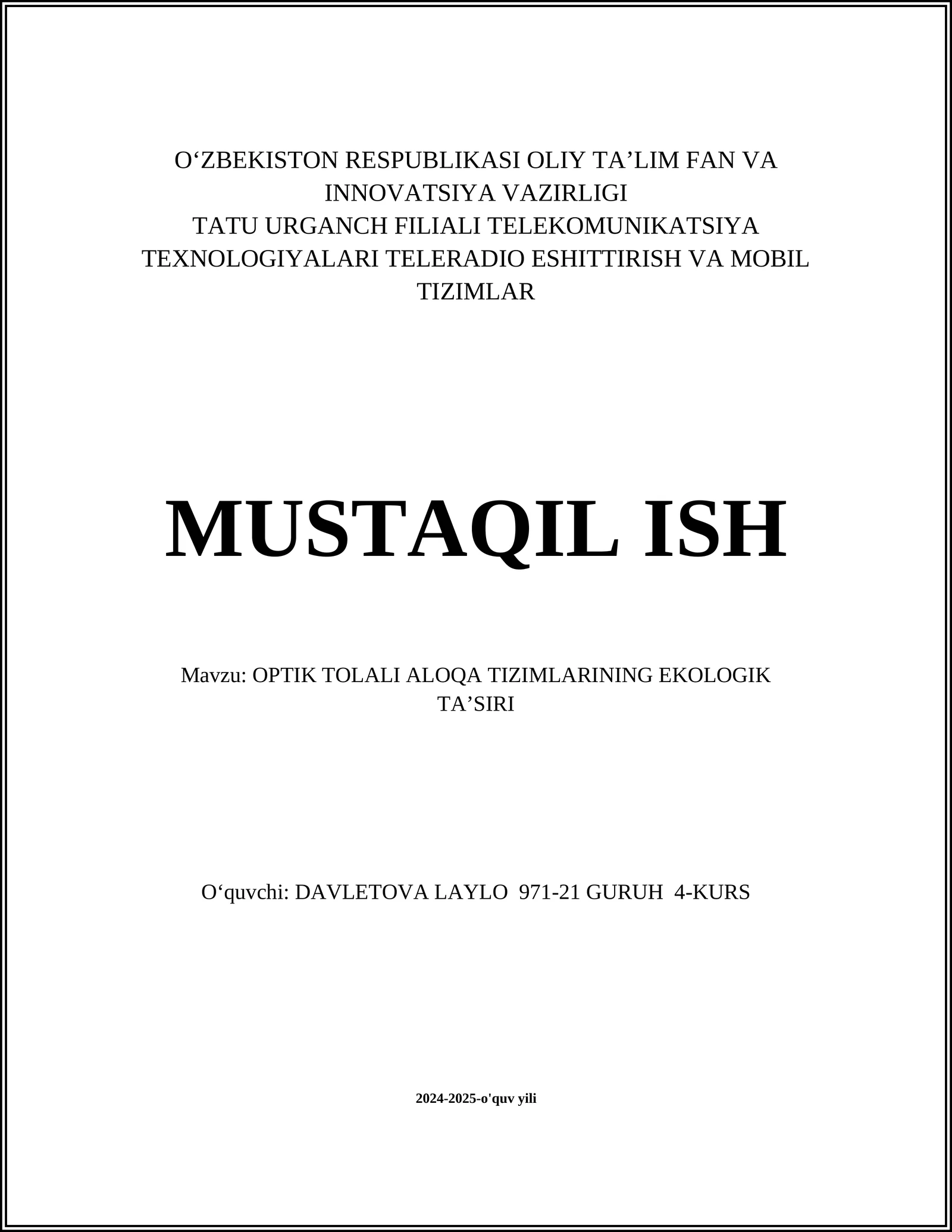 OPTIK TOLALI ALOQA TIZIMLARINING EKOLOGIK TA’SIRI