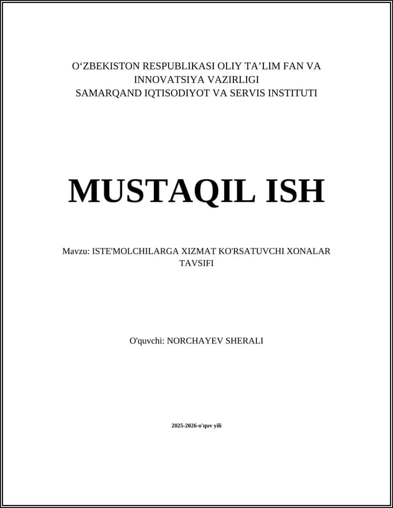 ISTE'MOLCHILARGA XIZMAT KO'RSATUVCHI XONALAR TAVSIFI