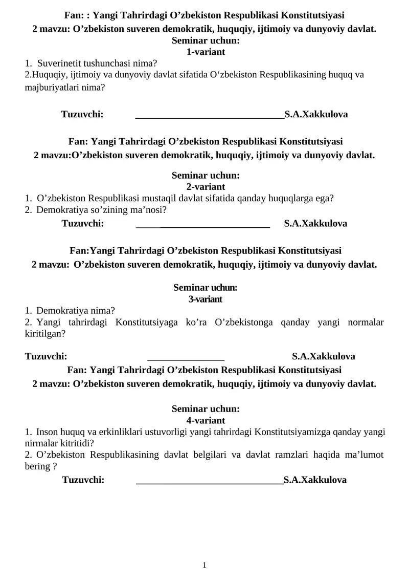 O’zbekiston suveren demokratik, huquqiy, ijtimoiy va dunyoviy davlat