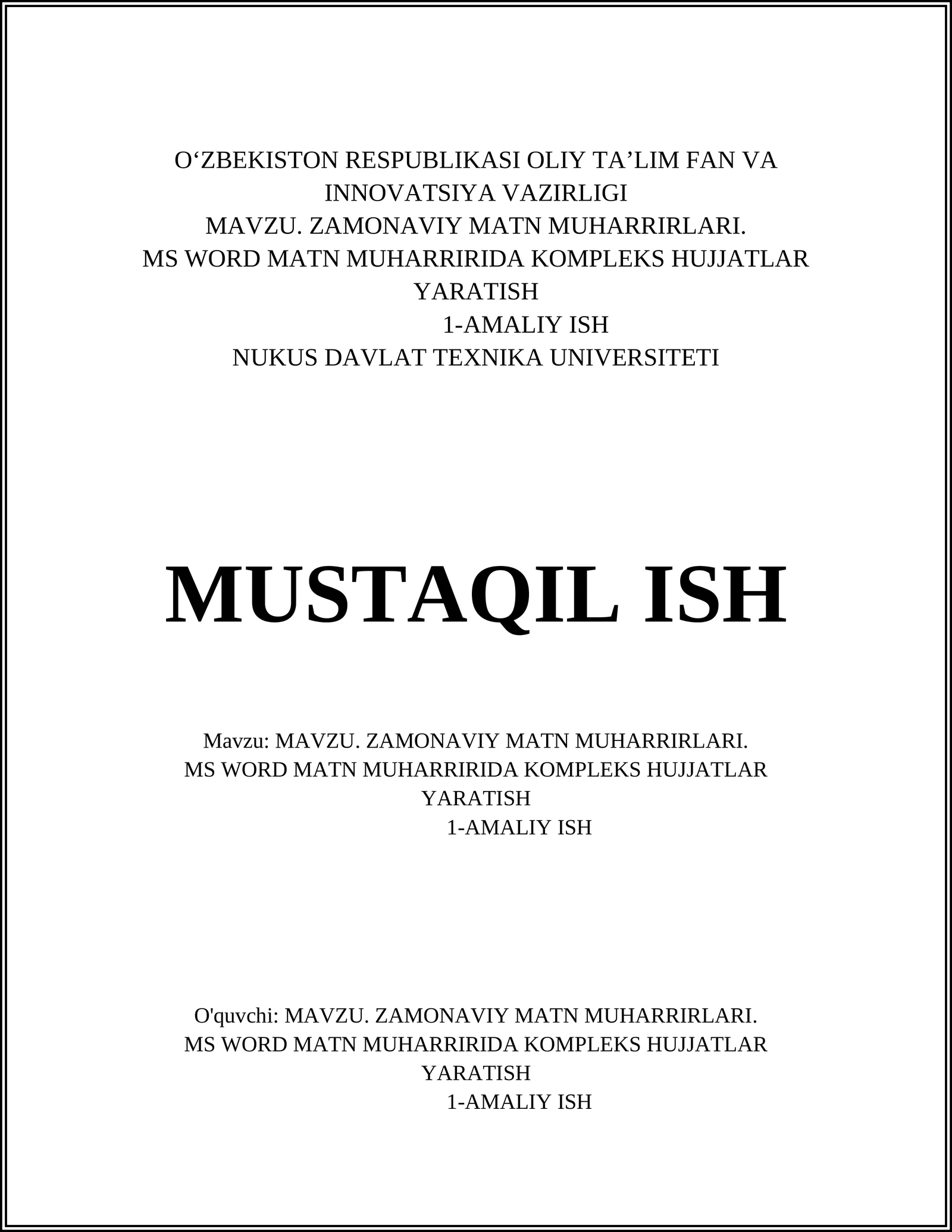 MS Word interfeysi va asboblar paneli
