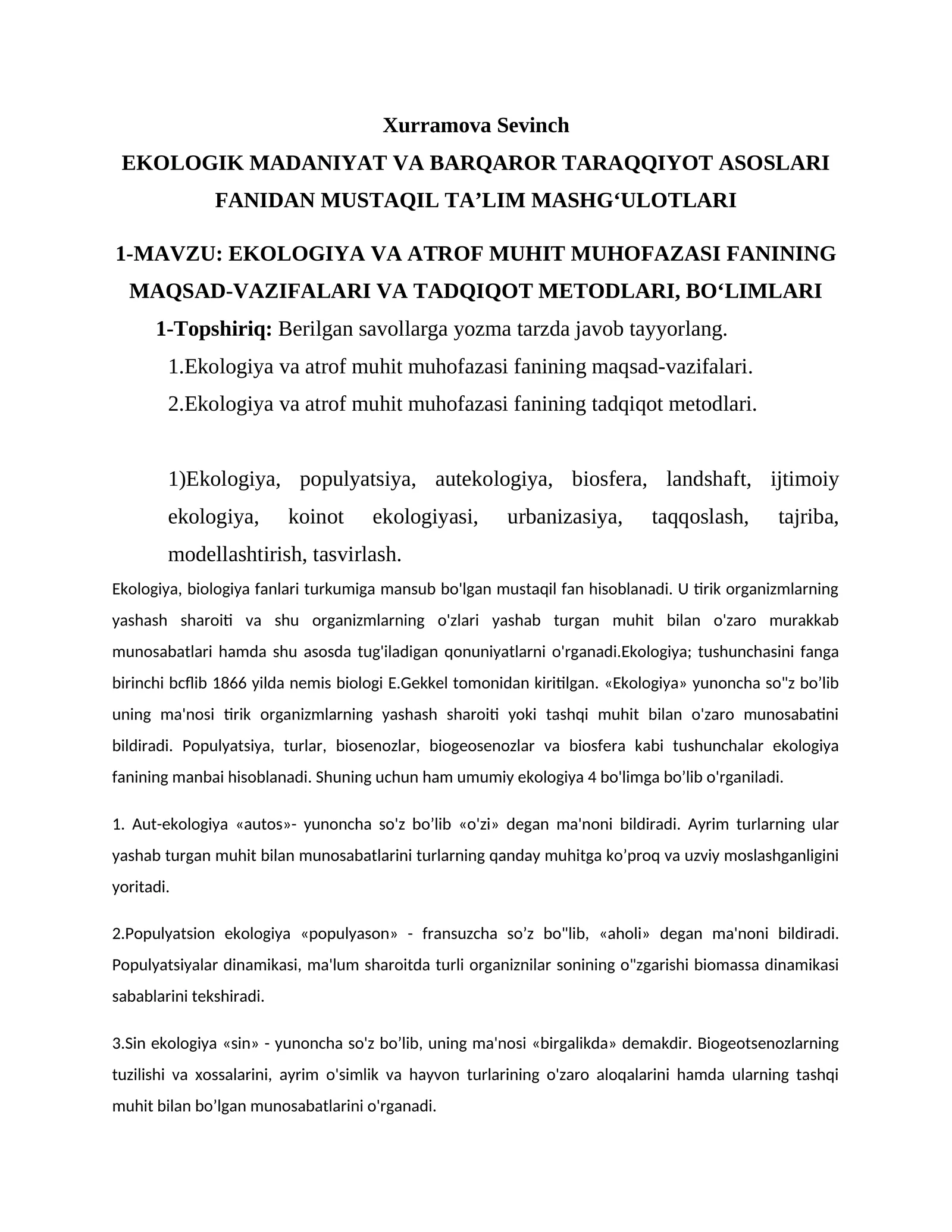 EKOLOGIK MADANIYAT VA BARQAROR TARAQQIYOT ASOSLARI