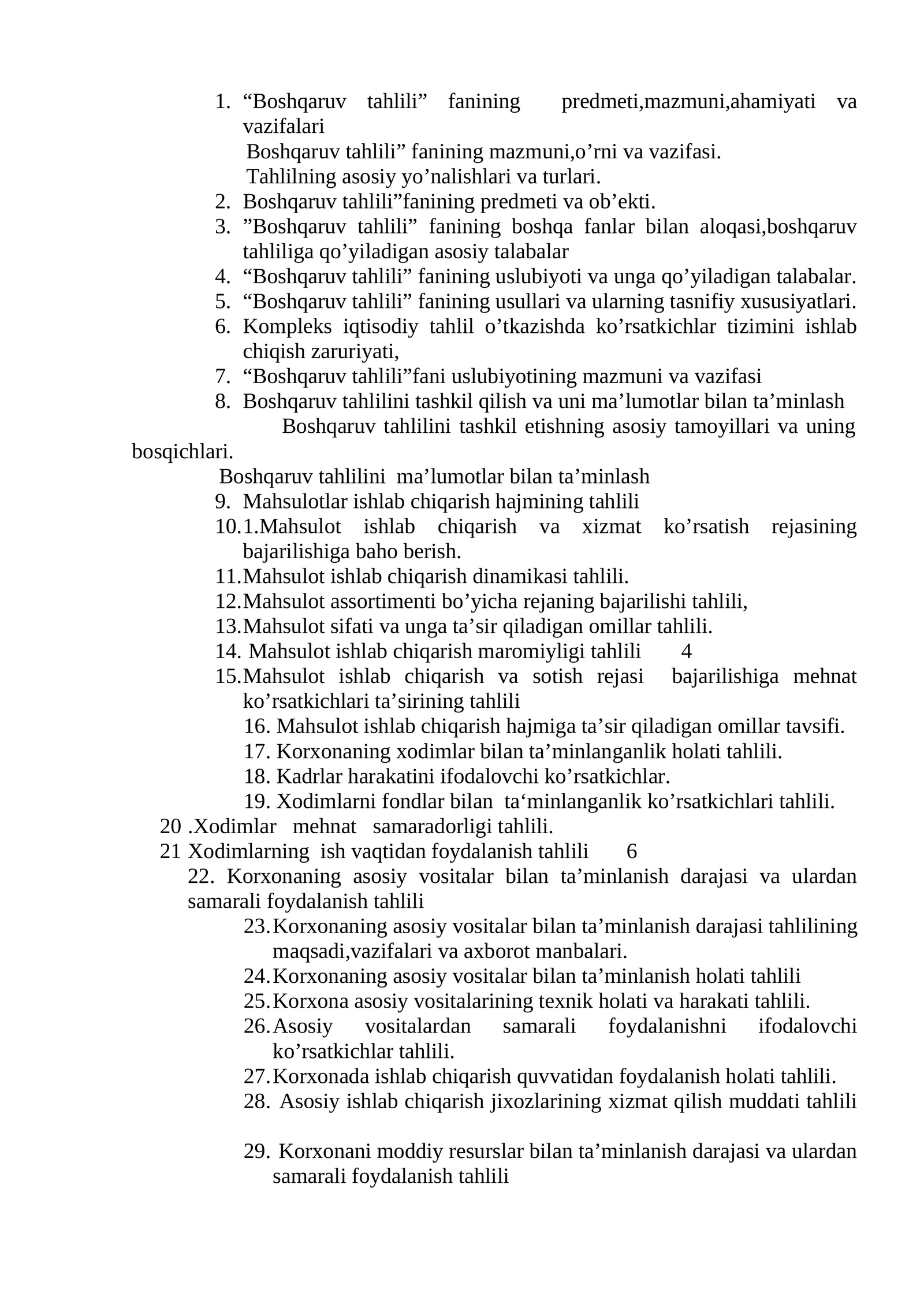 Boshqaruv tahlili fanining mahsulotlar ishlab chiqarish hajmining tahlili