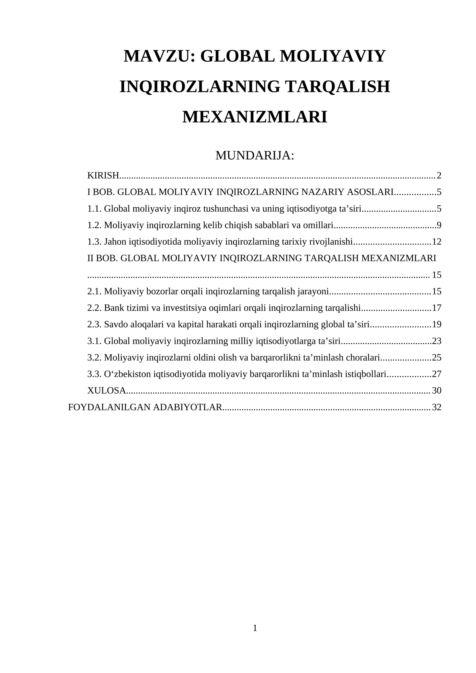 Global moliyaviy inqirozlarning tarqalish mexanizmlari