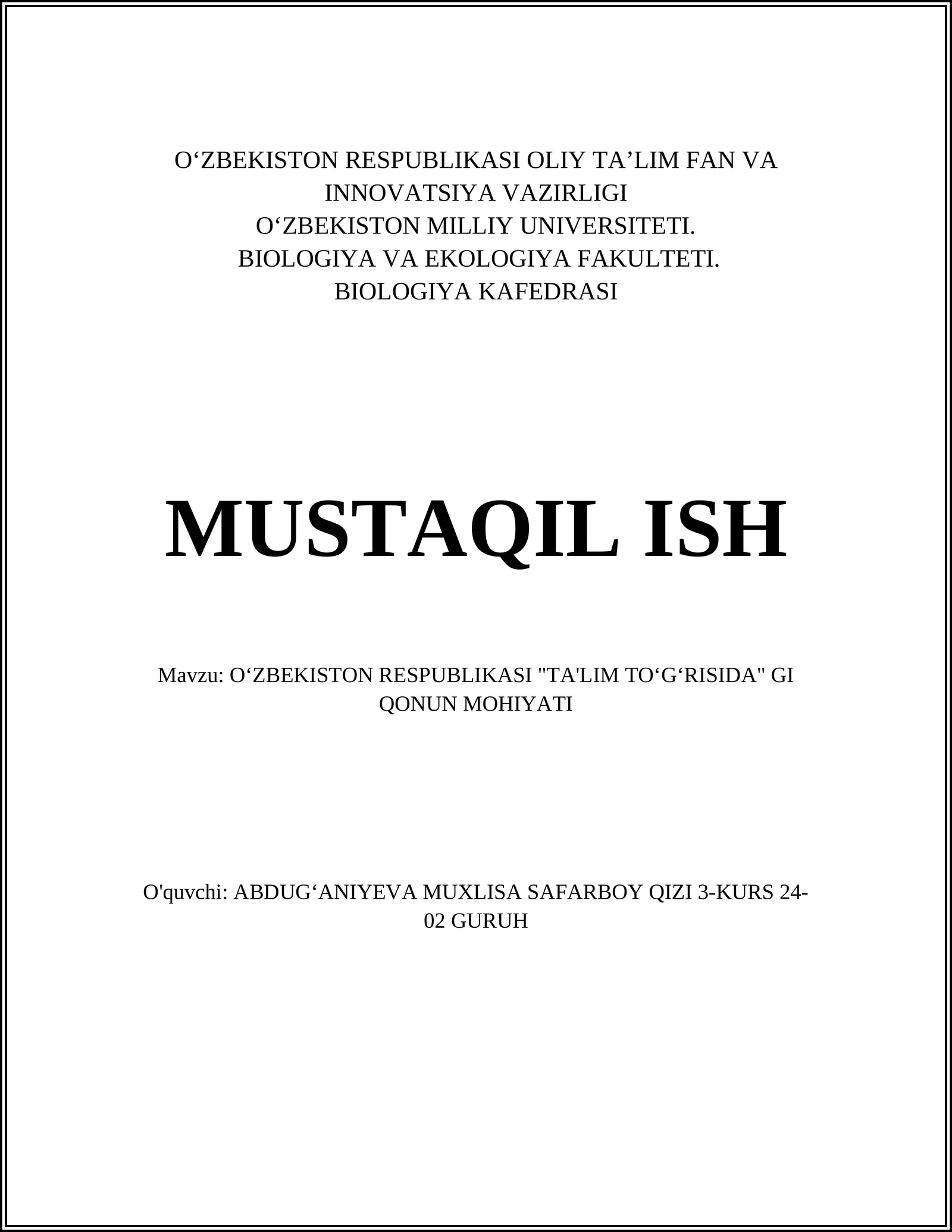 OʻZBEKISTON RESPUBLIKASI "TA'LIM TOʻGʻRISIDA" GI QONUN MOHIYATI