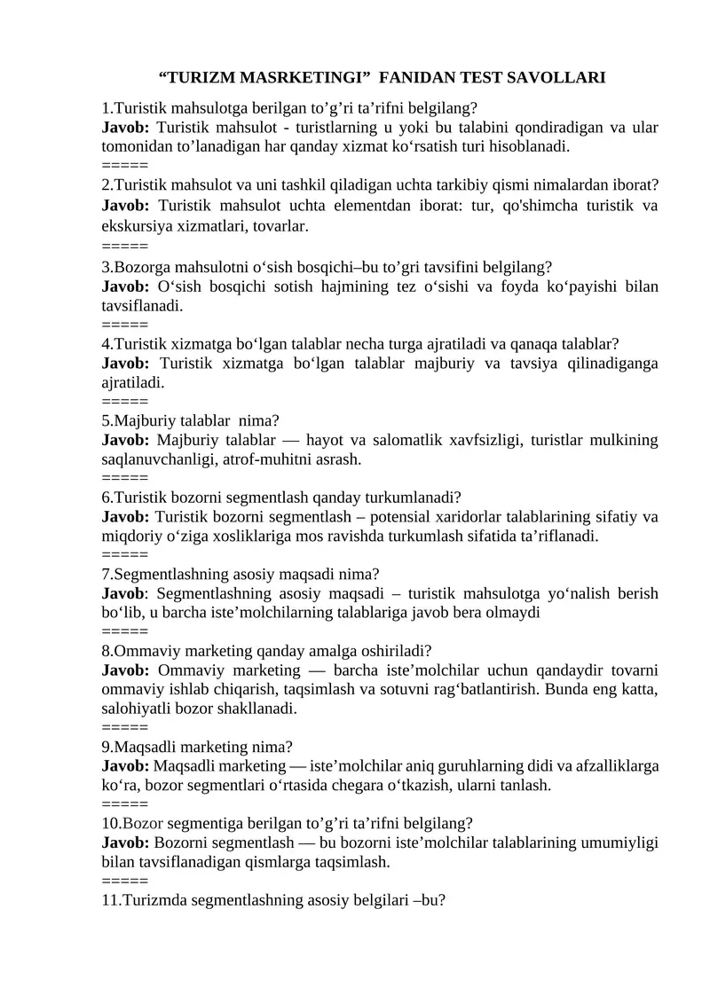 TURIZM MARKETINGI FANIDAN TEST SAVOLLARI