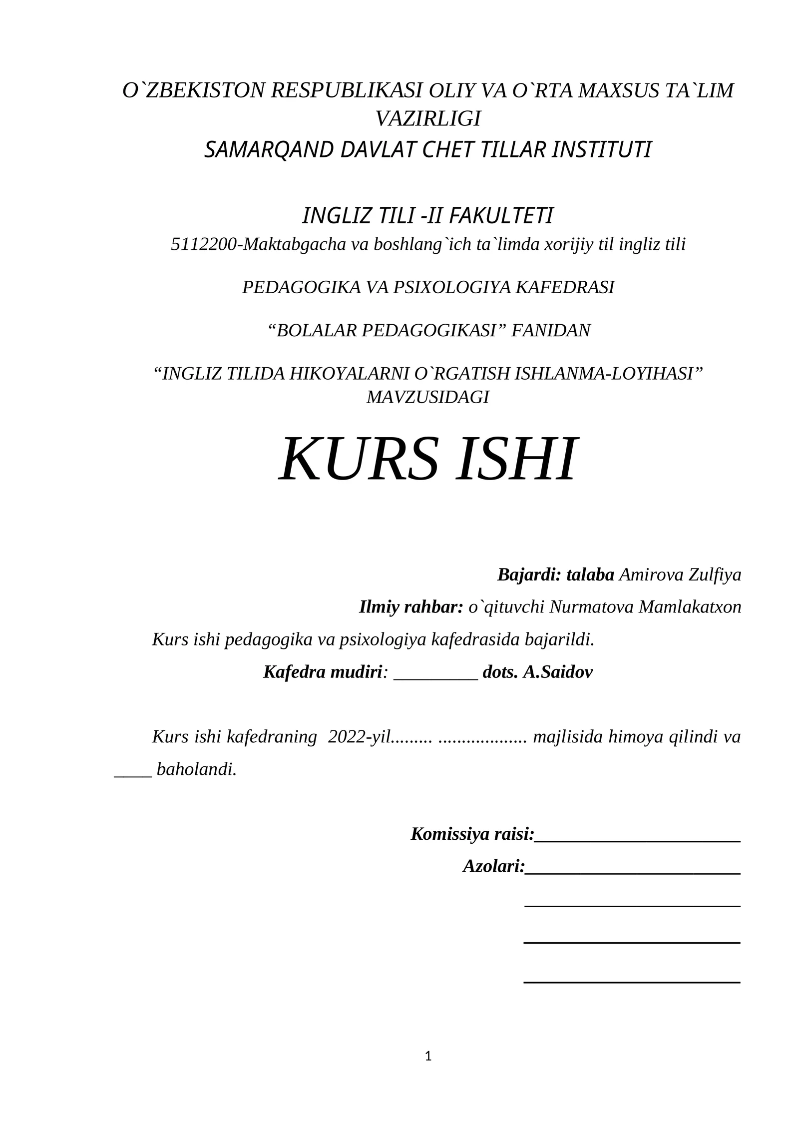 INGLIZ TILIDA HIKOYALARNI O`RGATISH ISHLANMA-LOYIHASI