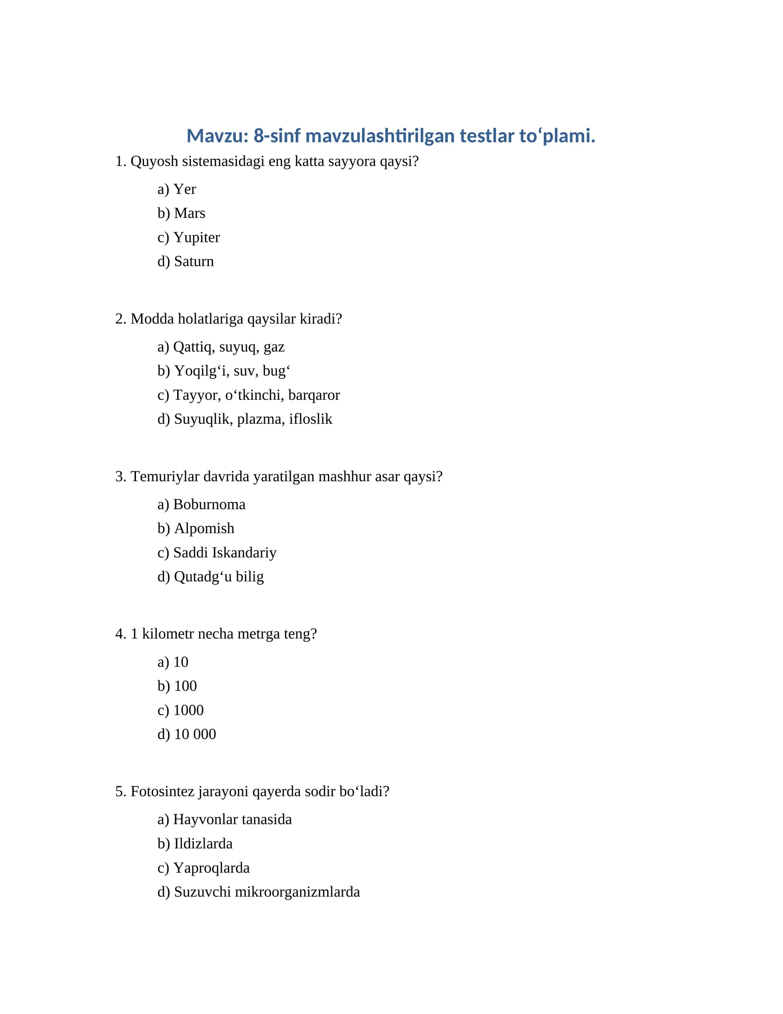 8-sinf mavzulashtirilgan testlar toʻplami