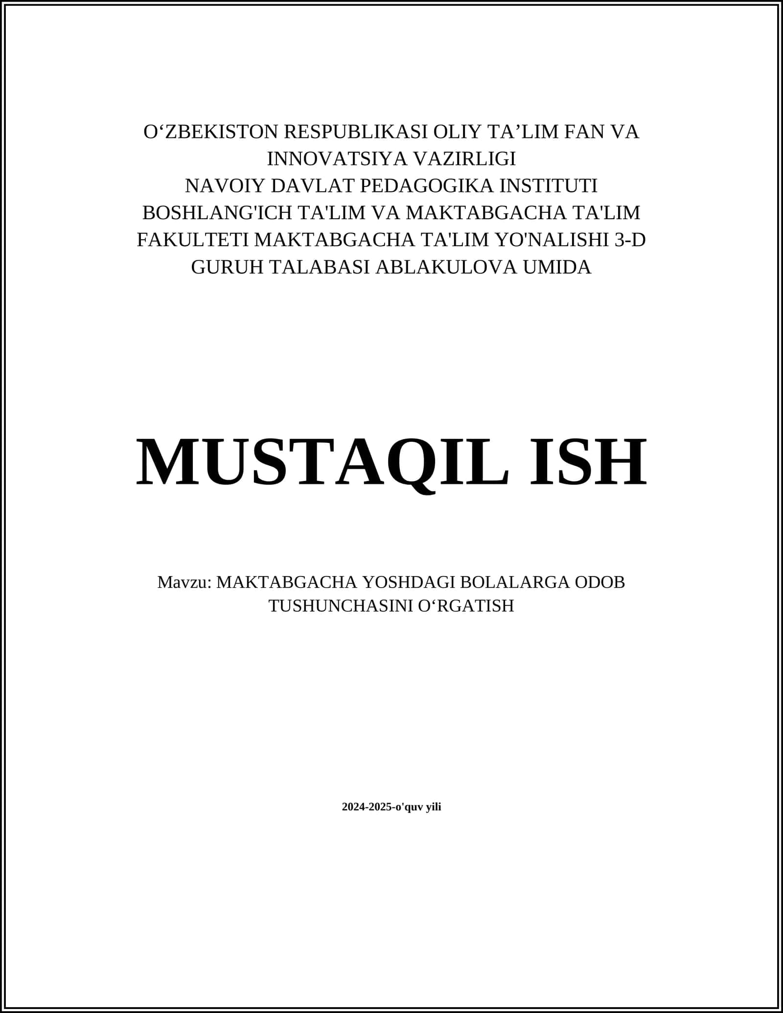 MAKTABGACHA YOSHDAGI BOLALARGA ODOB TUSHUNCHASINI OʻRGATISH