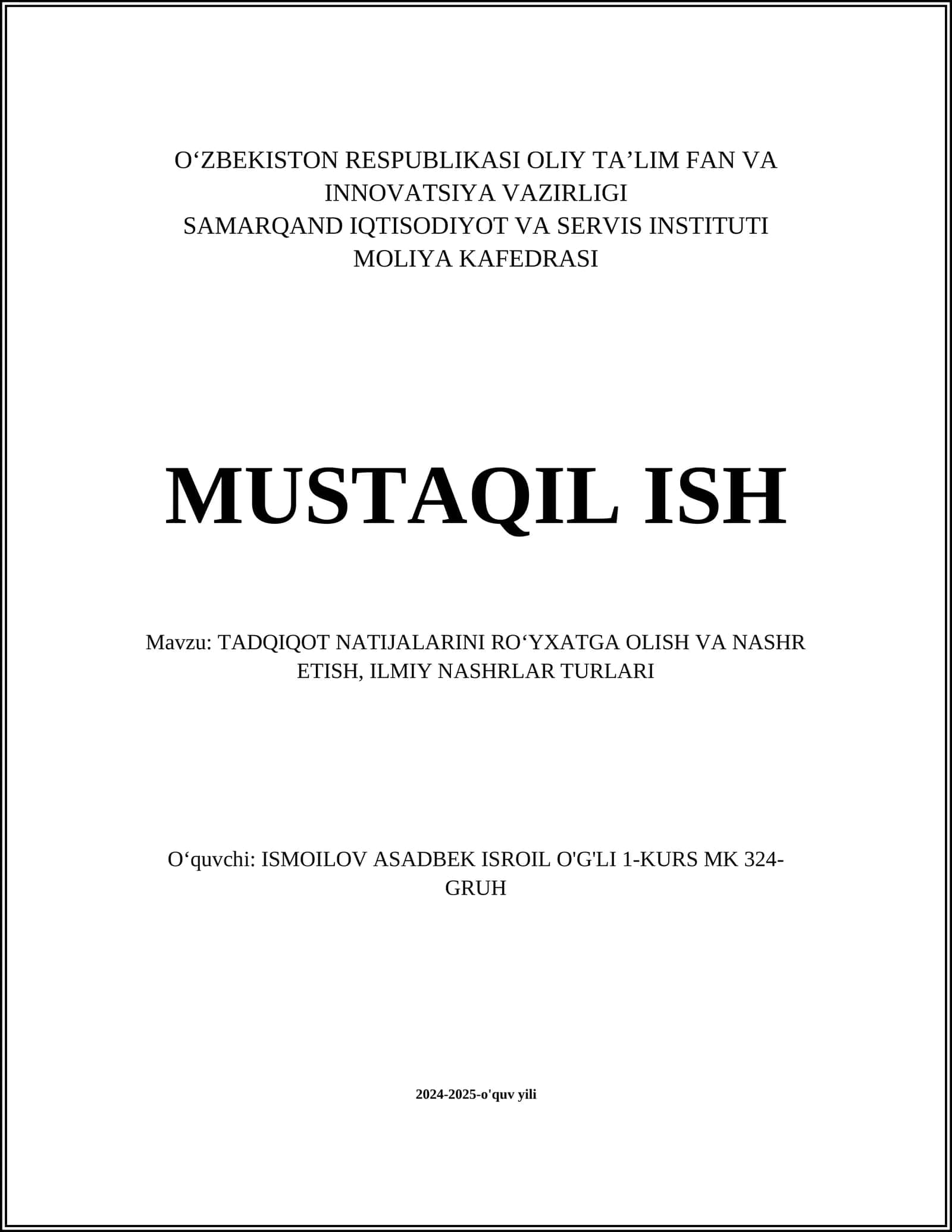 TADQIQOT NATIJALARINI RO‘YXATGA OLISH VA NASHR ETISH