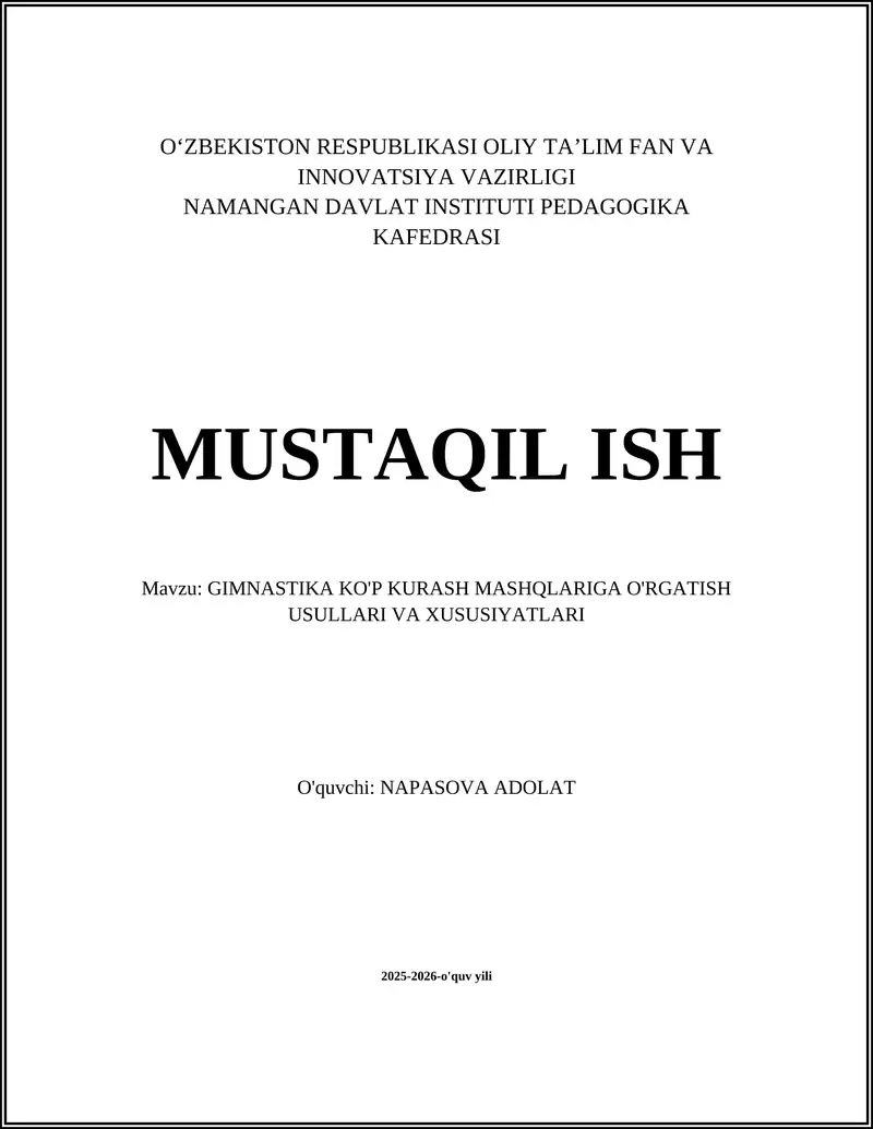 GIMNASTIKA KO'P KURASH MASHQLARIGA O'RGATISH USULLARI VA XUSUSIYATLARI