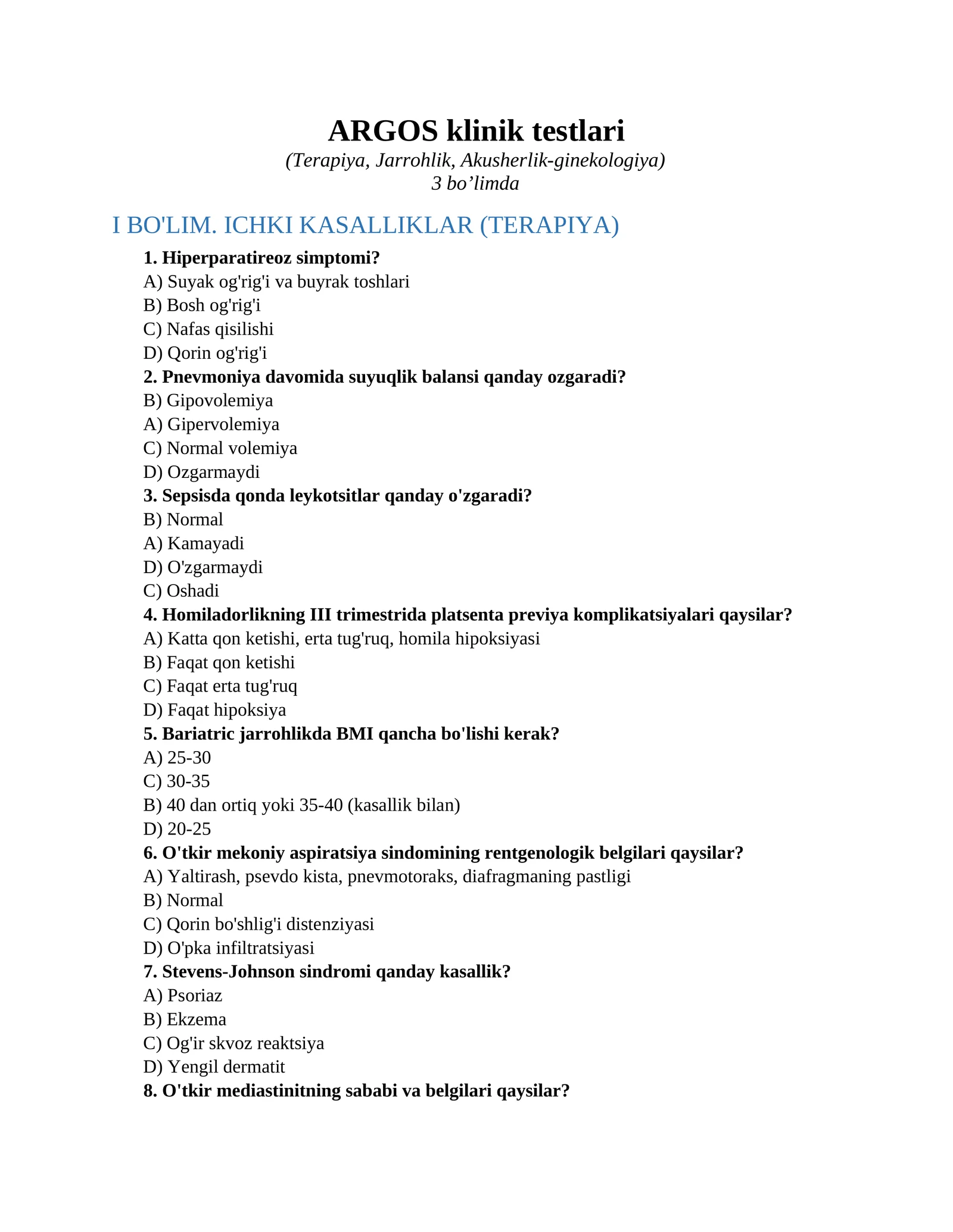 ARGOS klinik testlari