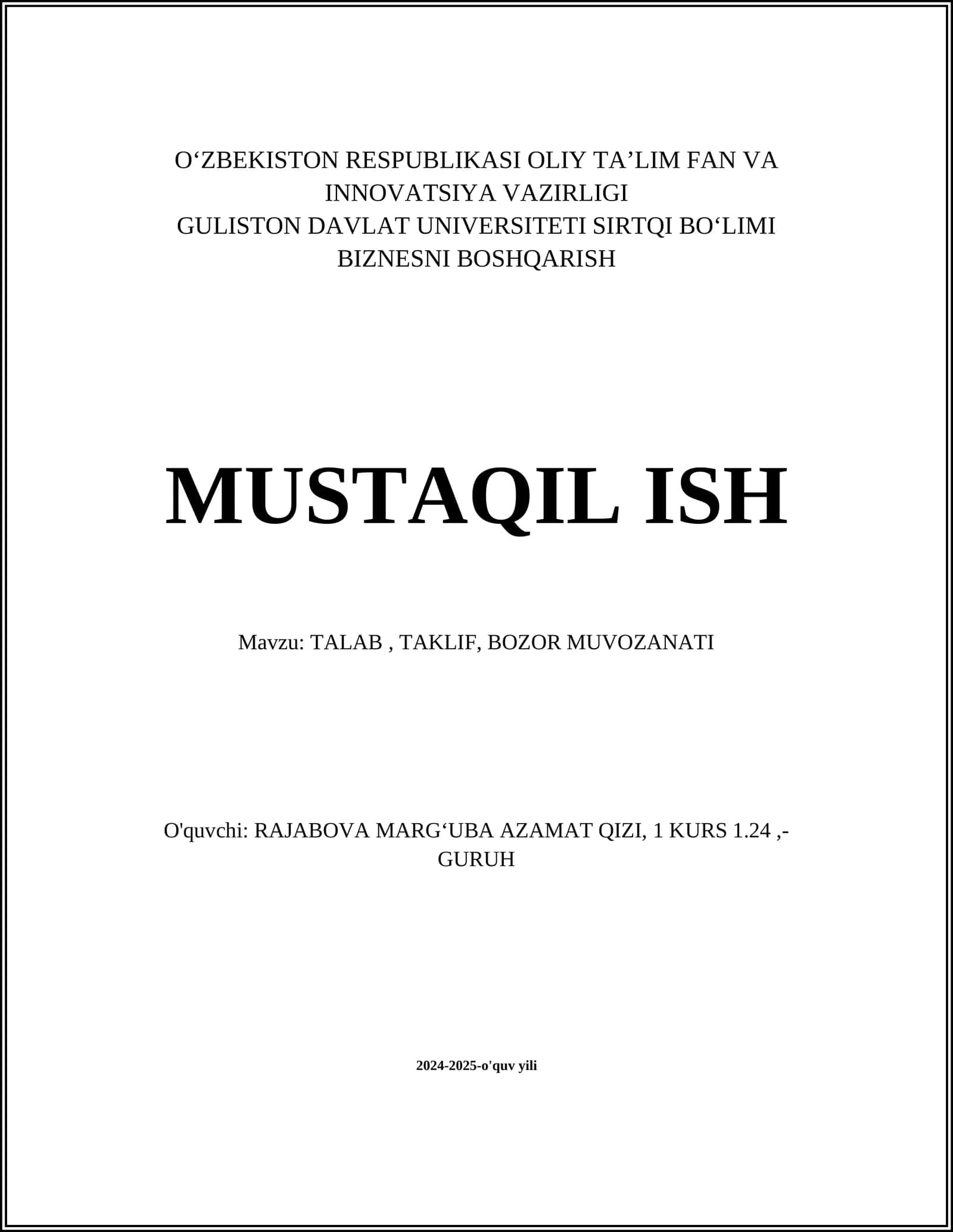 TALAB, TAKLIF, BOZOR MUVOZANATI