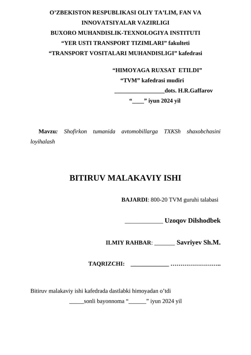 BUXORO MUHANDISLIK-TEXNOLOGIYA INSTITUTI "YER USTI TRANSPORT TIZIMLARI" fakulteti