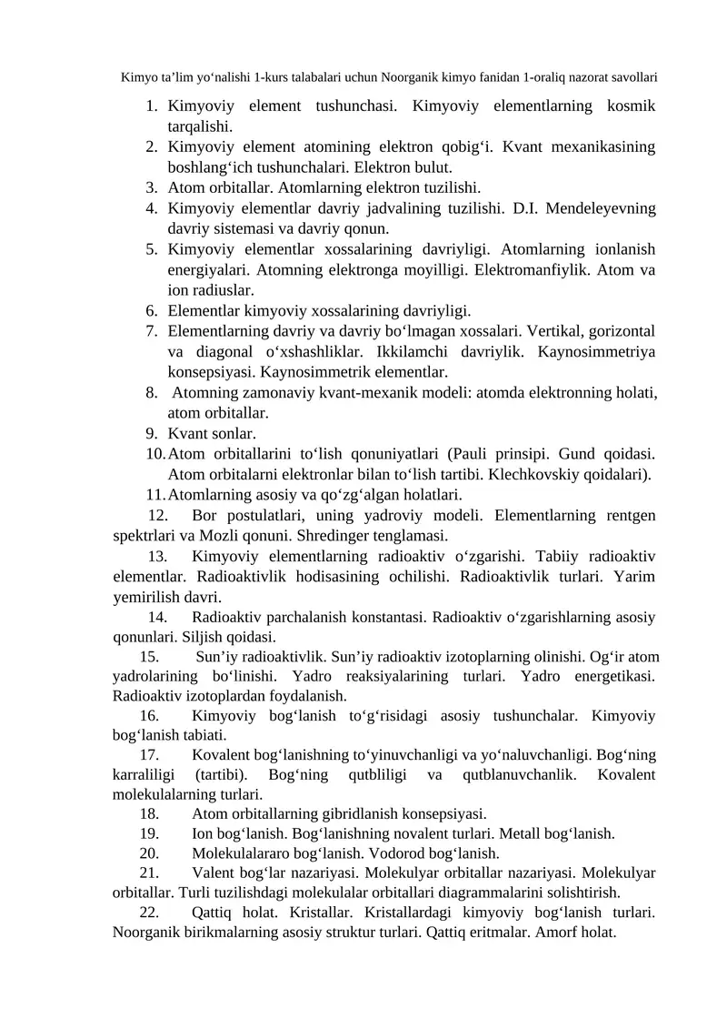 Kimyo ta’lim yo‘nalishi 1-kurs talabalari uchun Noorganik kimyo fanidan 1-oraliq nazorat savollari