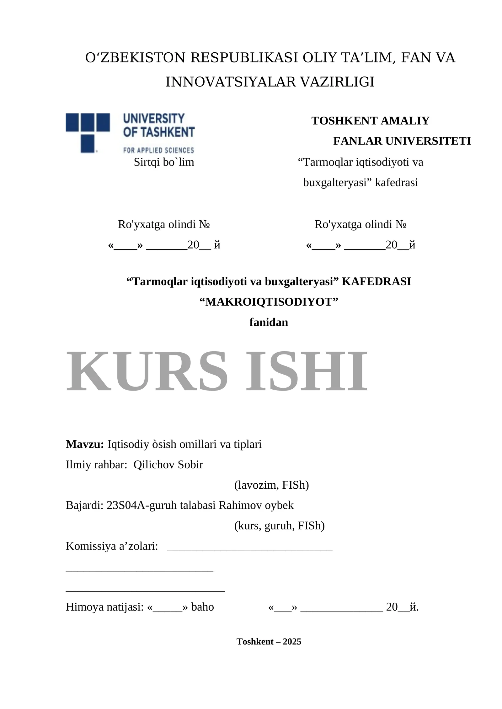 MAKROIQTISODIYOT fanidan KURS ISHI