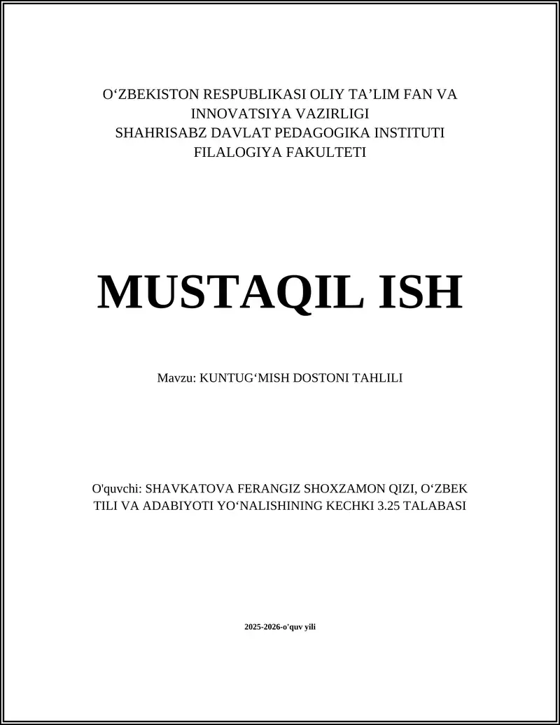 KUNTUGʻMISH DOSTONI TAHLILI