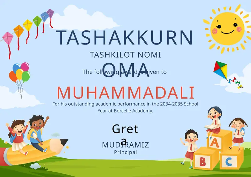 Tashakkurnoma shablon tayyori andoza