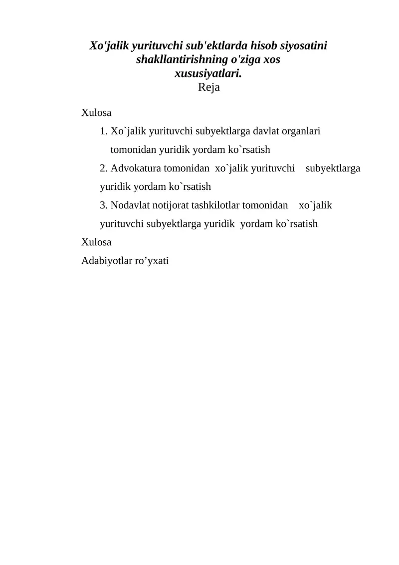 Xo'jalik yurituvchi subyektlar huquqiy asoslari