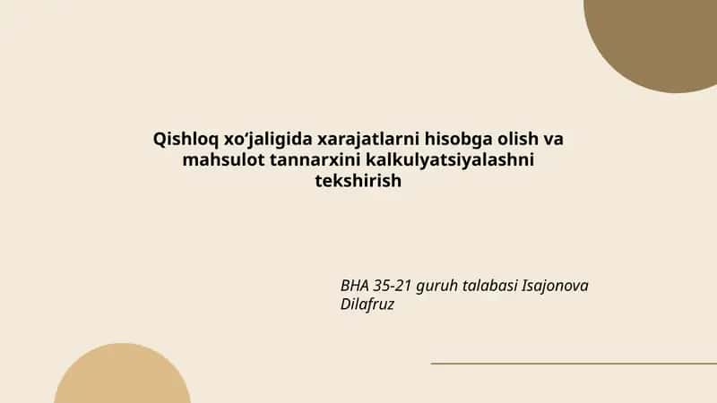 Qishloq xo'jaligida xarajatlarni hisobga olish