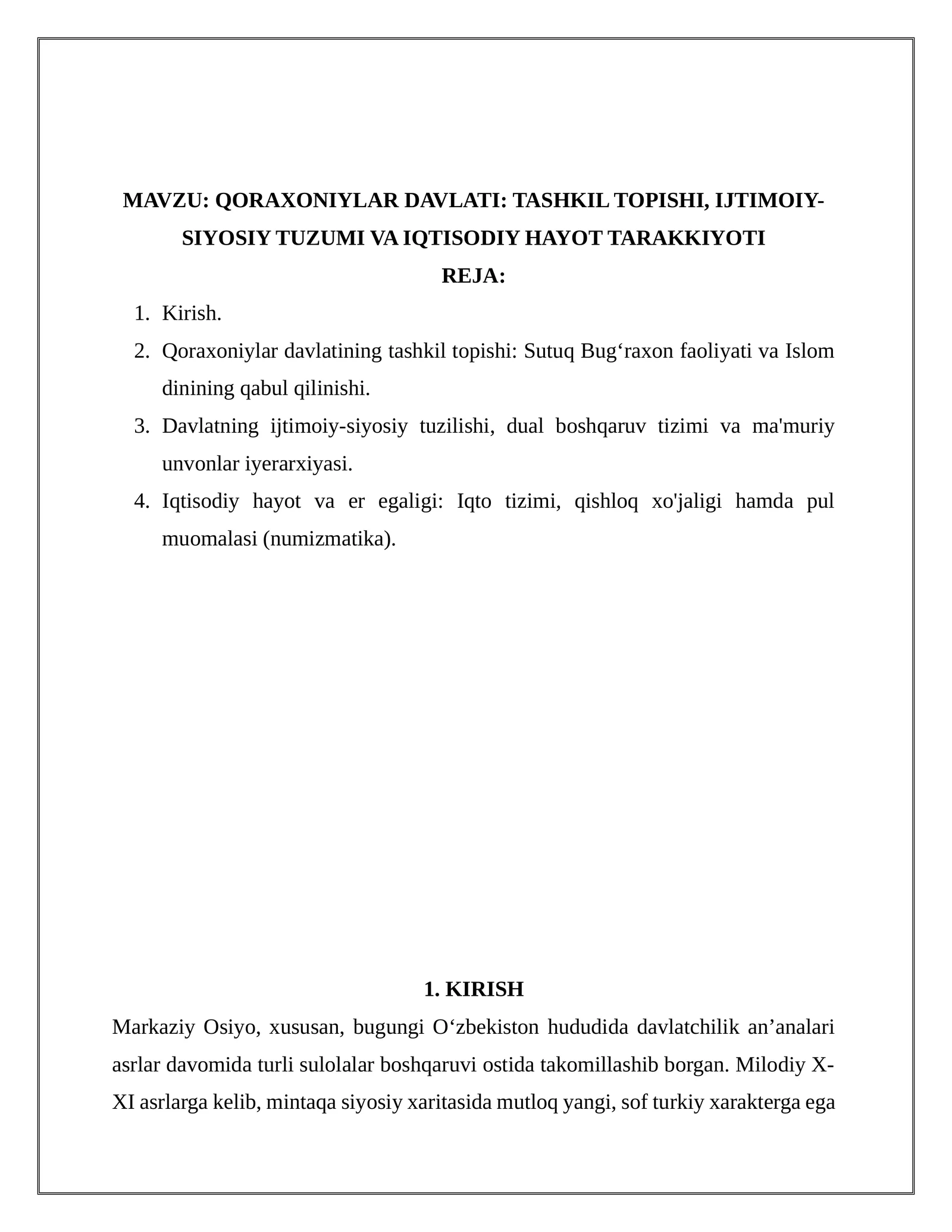 QORAXONIYLAR DAVLATI: TASHKIL TOPISHI, IJTIMOIY-SIYOSIY TUZUMI VA IQTISODIY HAYOT TARAKKIYOTI
