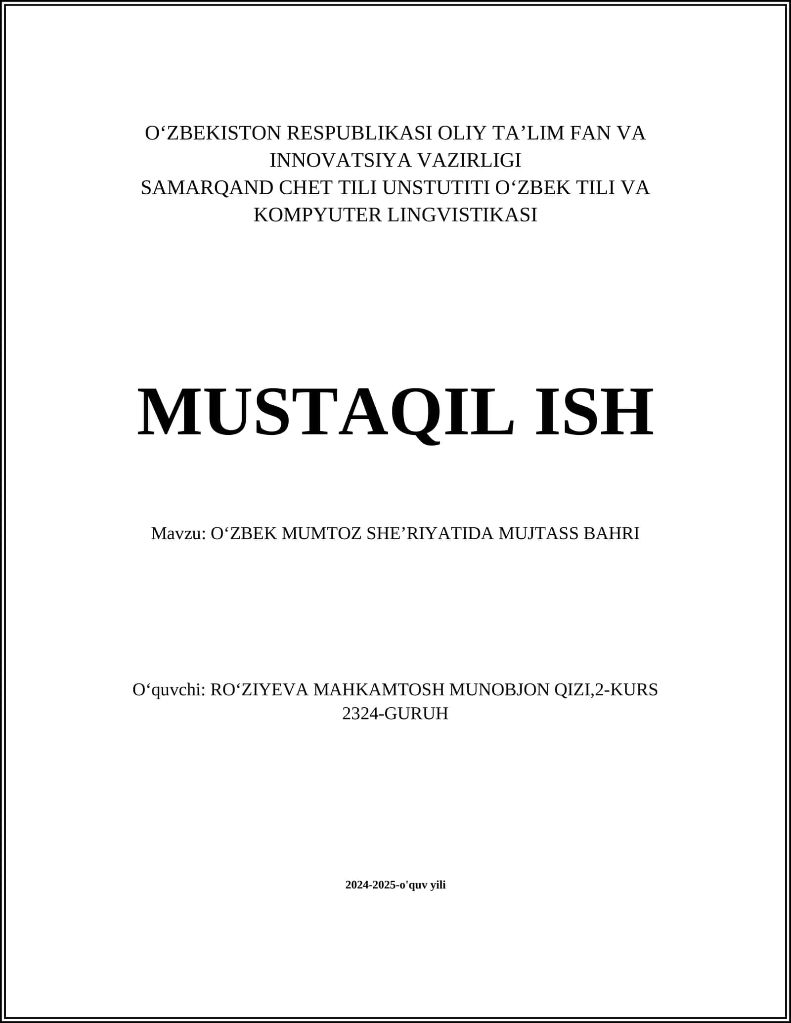OʻZBEK MUMTOZ SHEʼRIYATIDA MUJTASS BAHRI