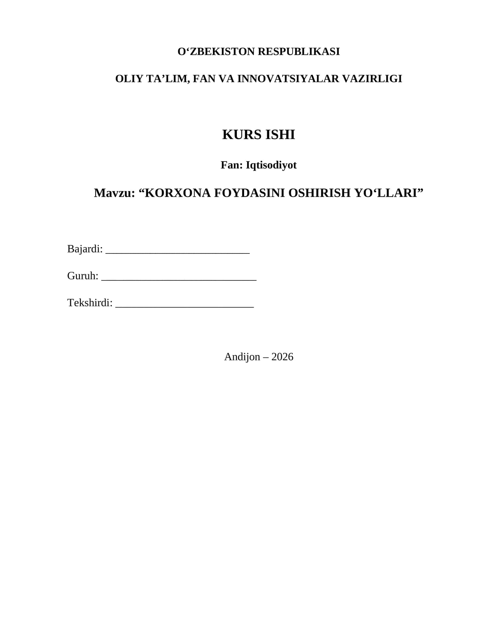 Korxona foydasini oshirish yo‘llari — tayyor kurs ishi