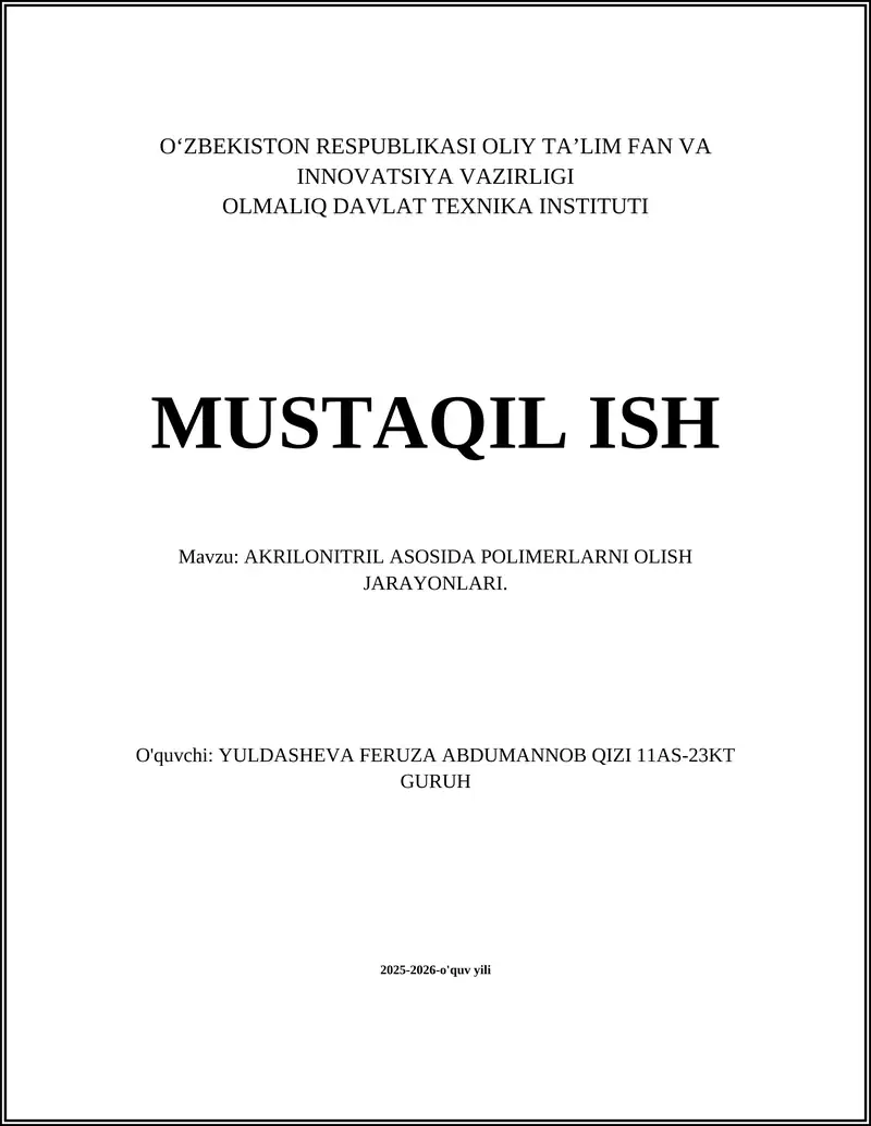 AKRILONITRIL ASOSIDA POLIMERLARNI OLISH JARAYONLARI