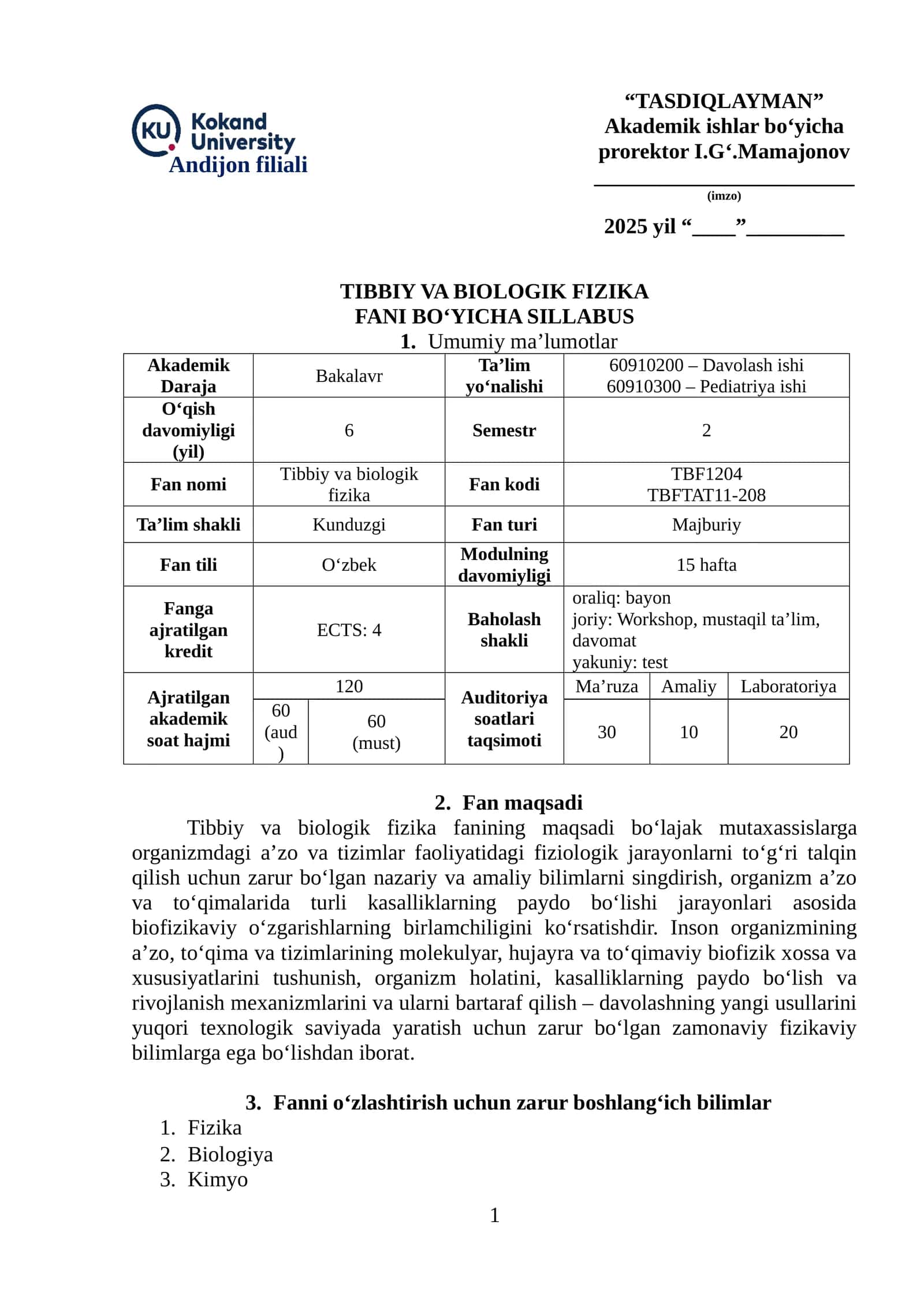 TIBBIY VA BIOLOGIK FIZIKA FANI BO‘YICHA SILLABUS