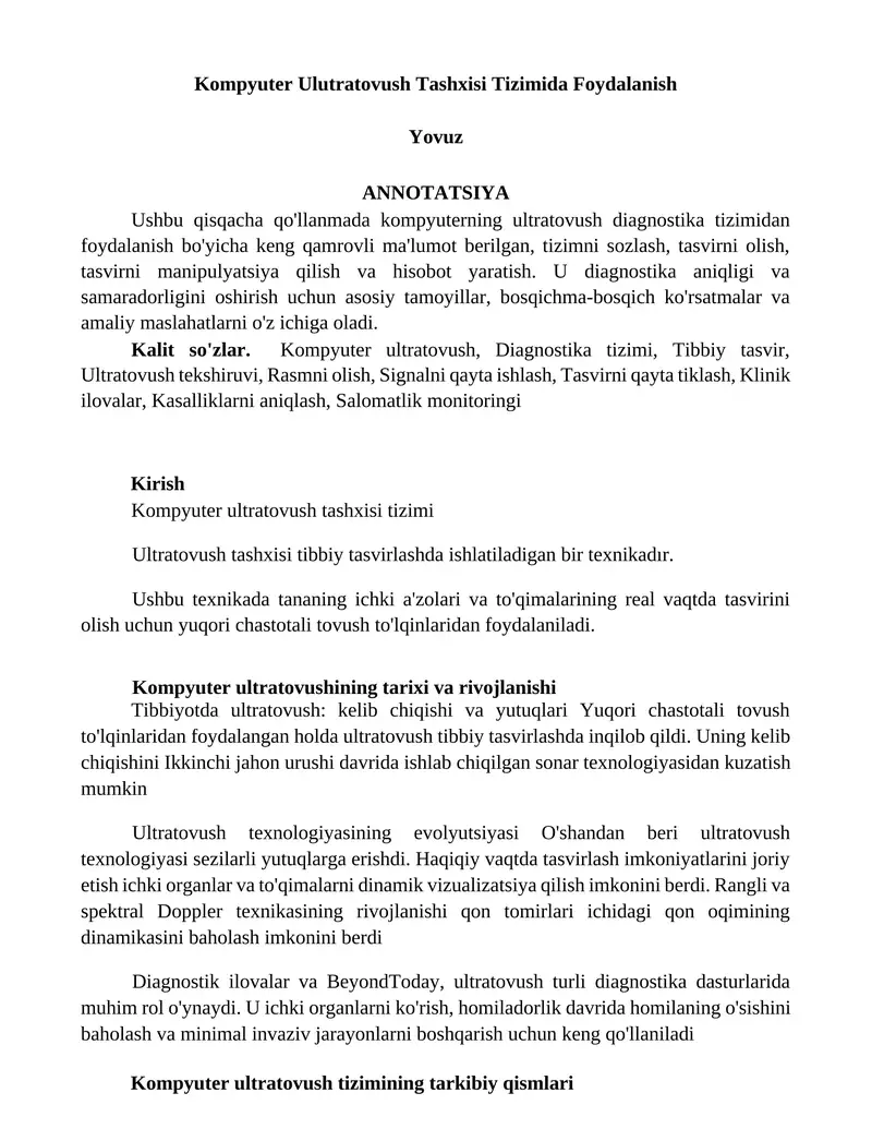 Kompyuter Ulutratovush Tashxisi Tizimida Foydalanish