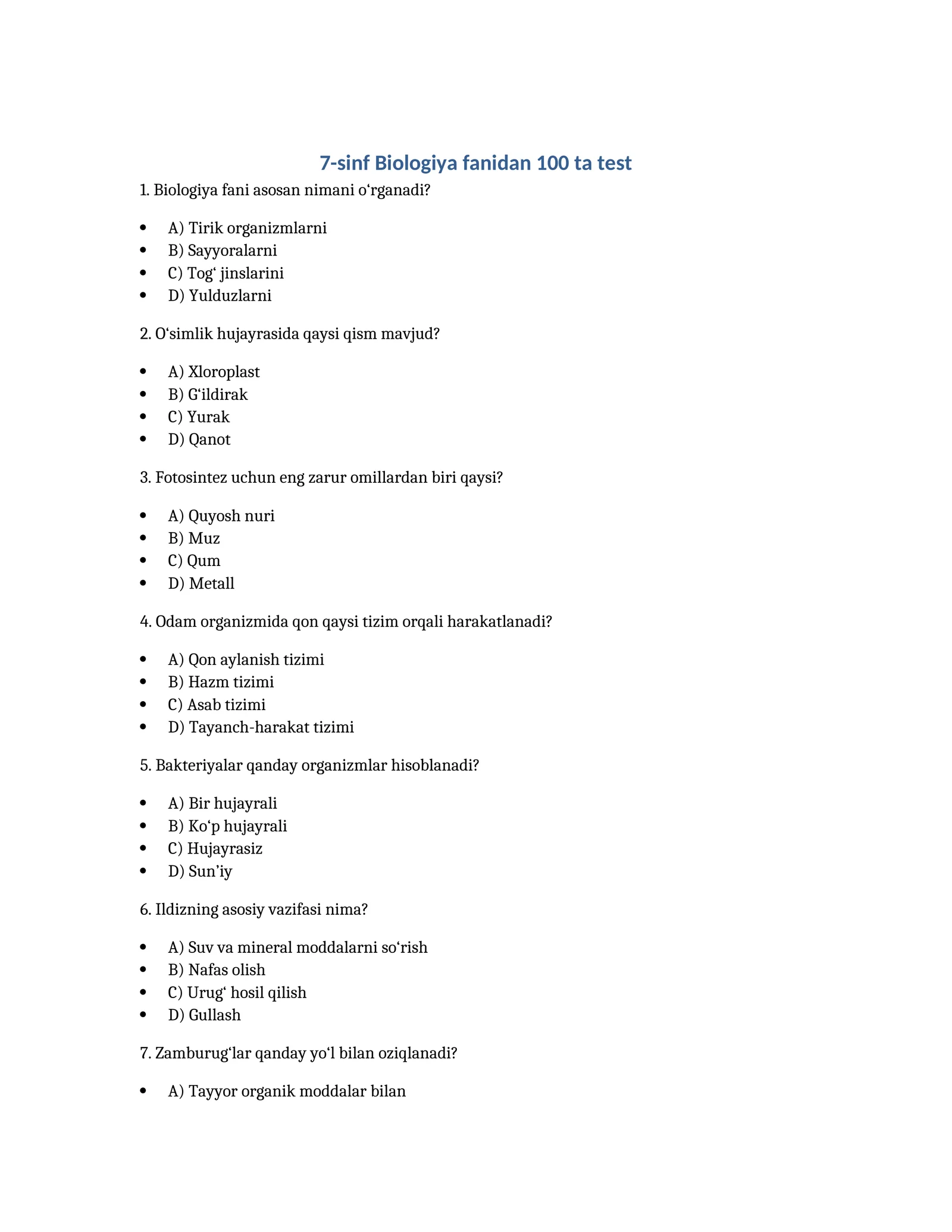 7-sinf Biologiya fanidan 100 ta test