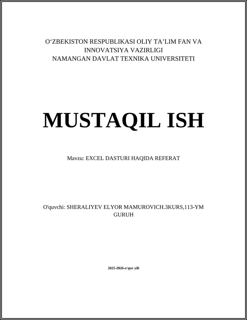 EXCEL DASTURI HAQIDA REFERAT