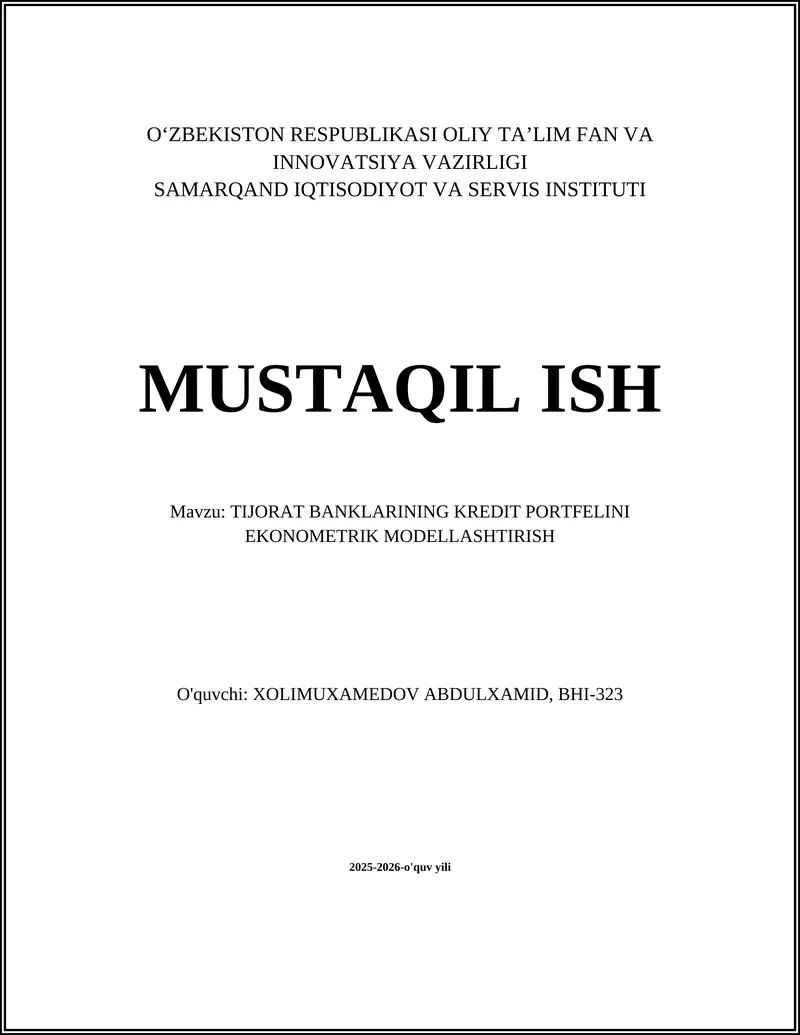 TIJORAT BANKLARINING KREDIT PORTFELINI EKONOMETRIK MODELLASHTIRISH
