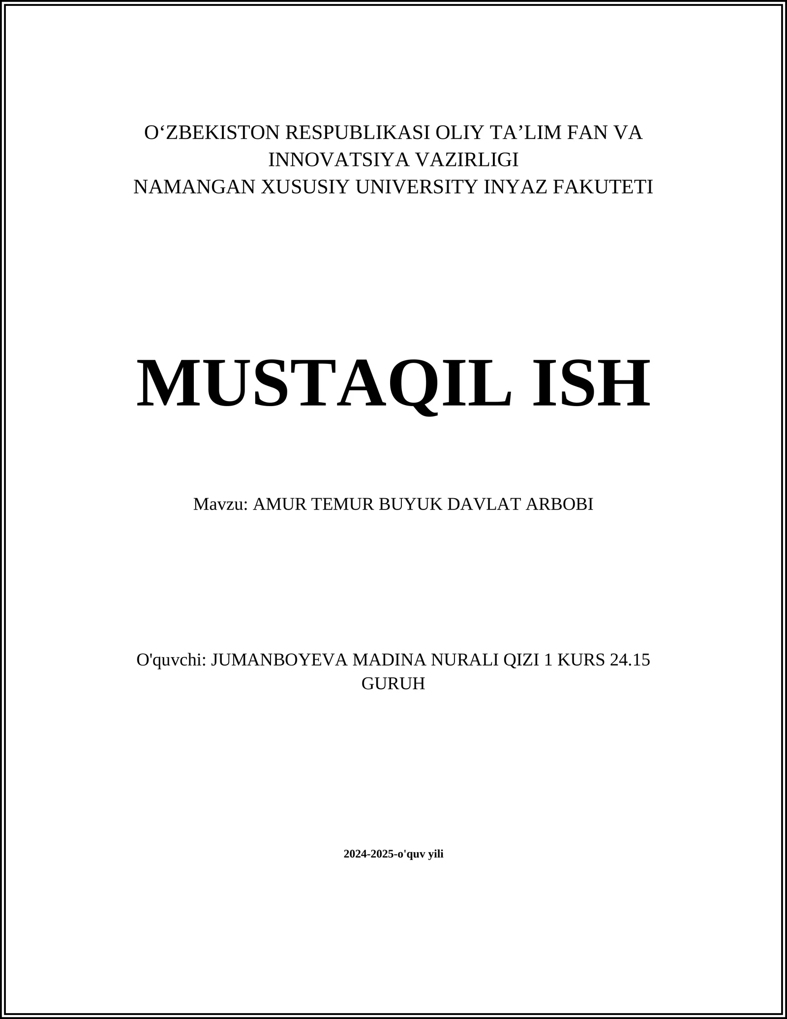 AMIR TEMUR BUYUK DAVLAT ARBOBI