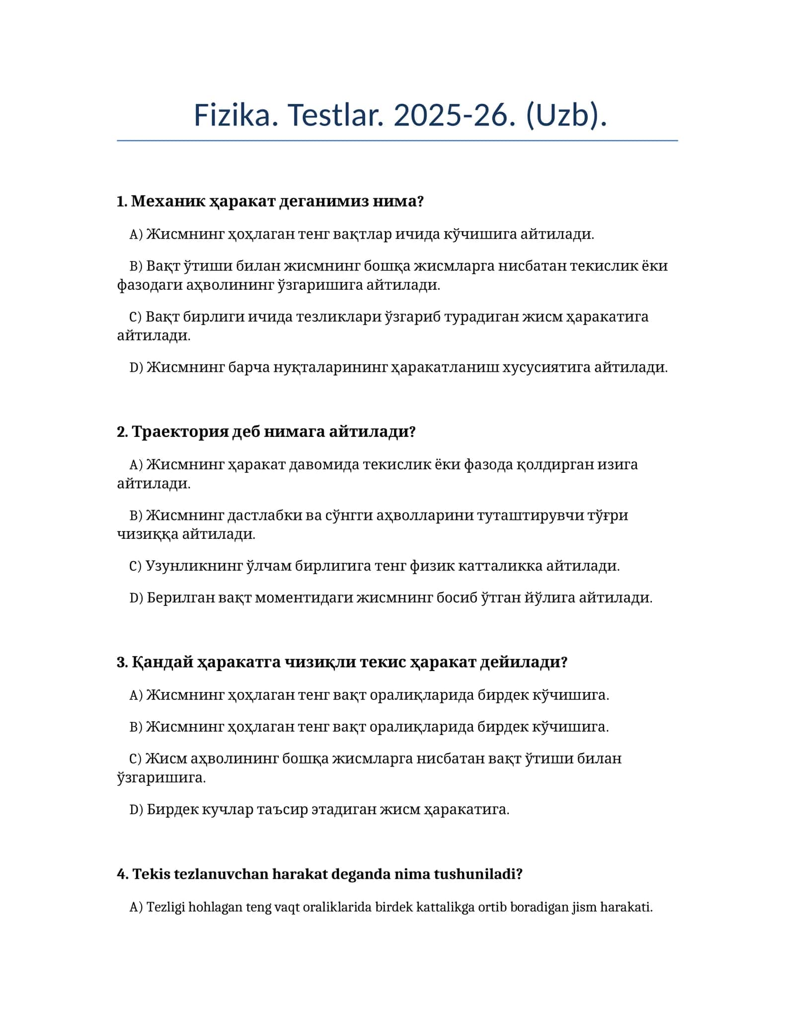 Fizika. Testlar. 2025-26. (Uzb)