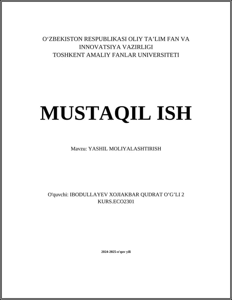 YASHIL MOLIYALASHTIRISH