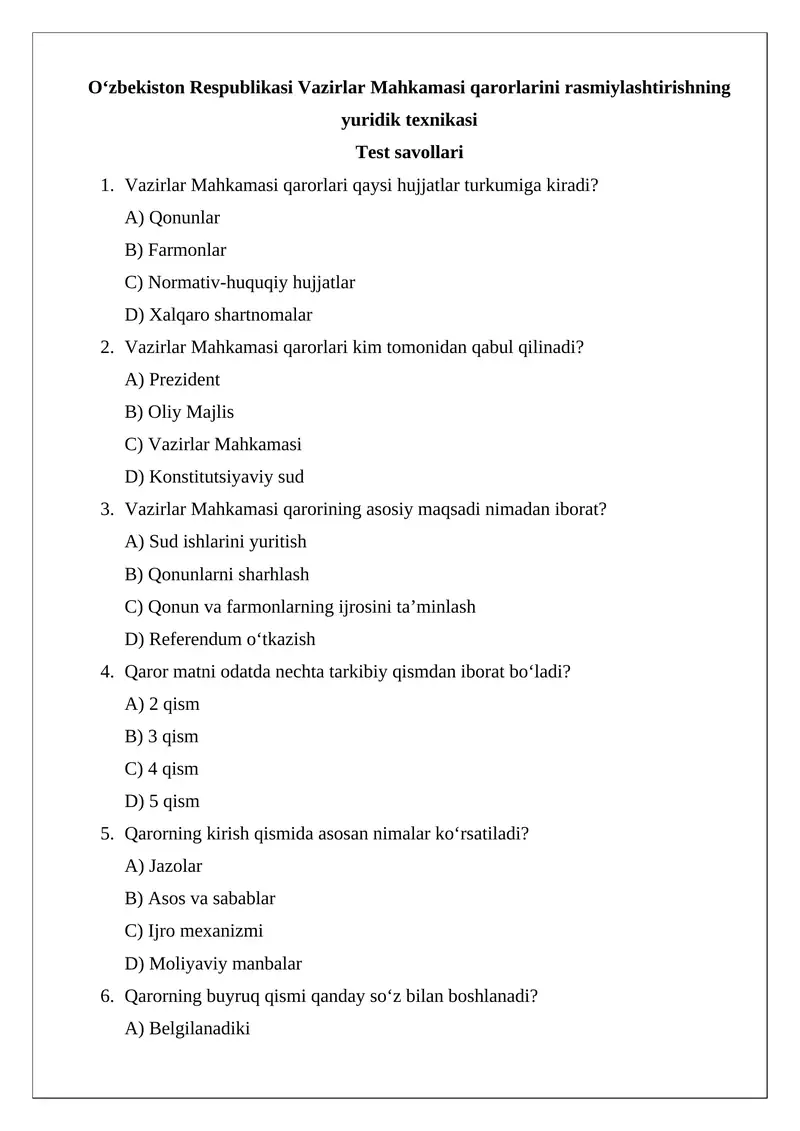 O‘zbekiston Respublikasi Vazirlar Mahkamasi qarorlarini rasmiylashtirishning yuridik texnikasi