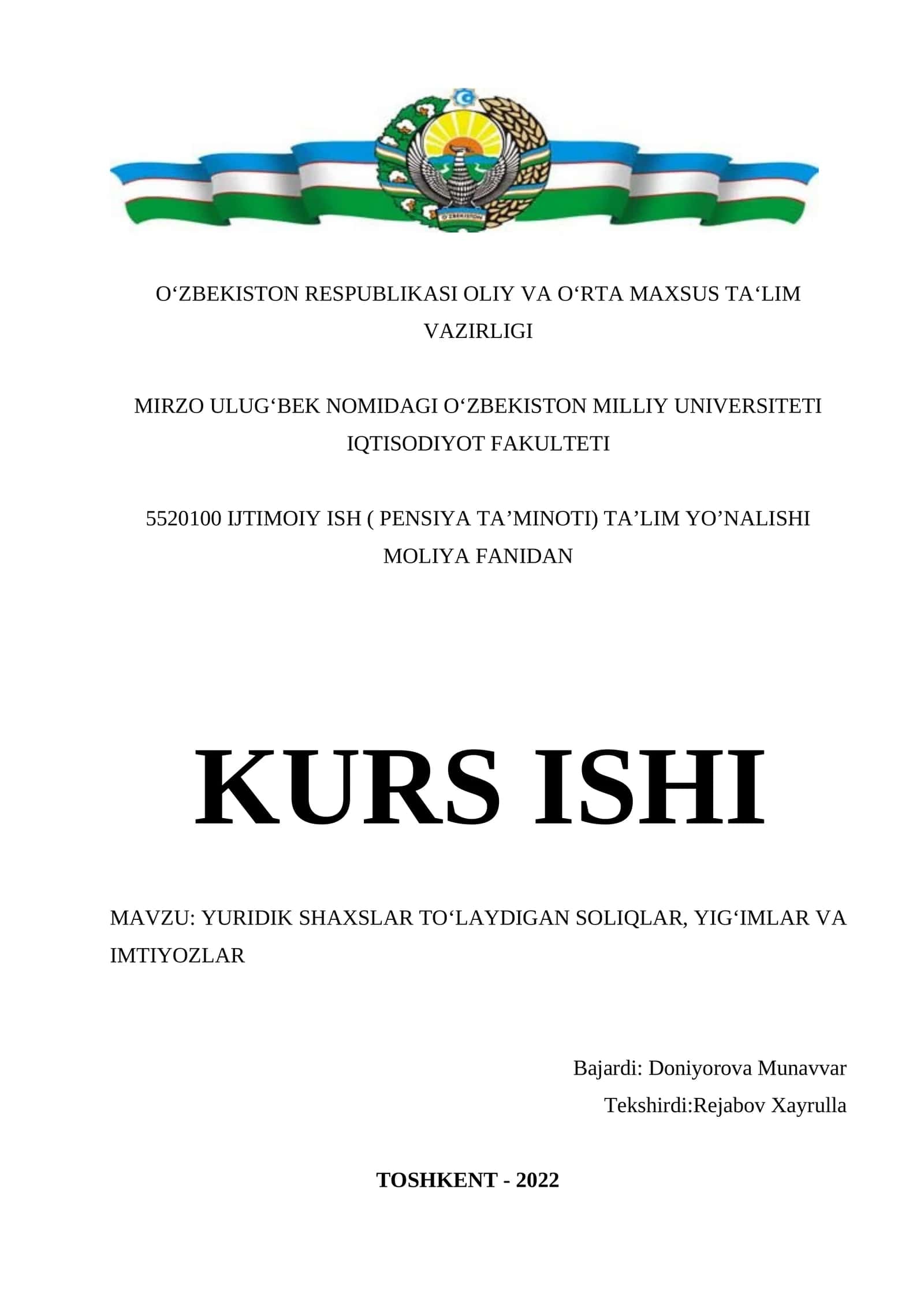 YURIDIK SHАXSLАR TO‘LАYDIGАN SOLIQLАR, YIG‘IMLАR VА IMTIYOZLАR