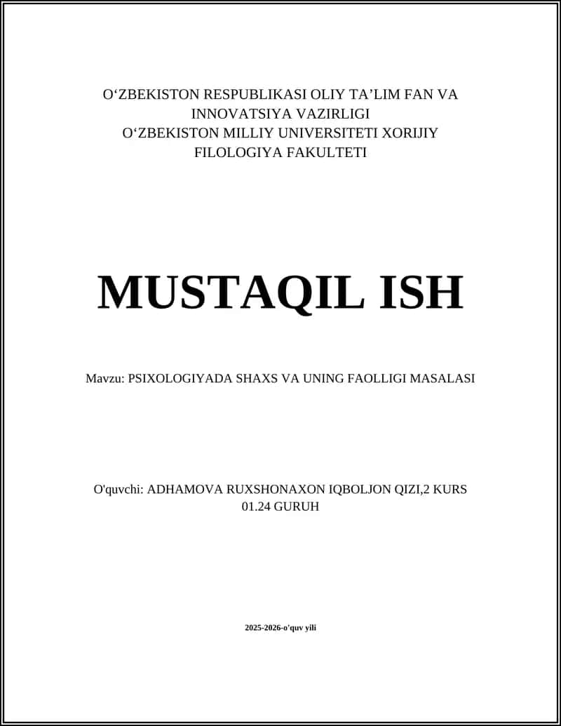 PSIXOLOGIYADA SHAXS VA UNING FAOLLIGI MASALASI