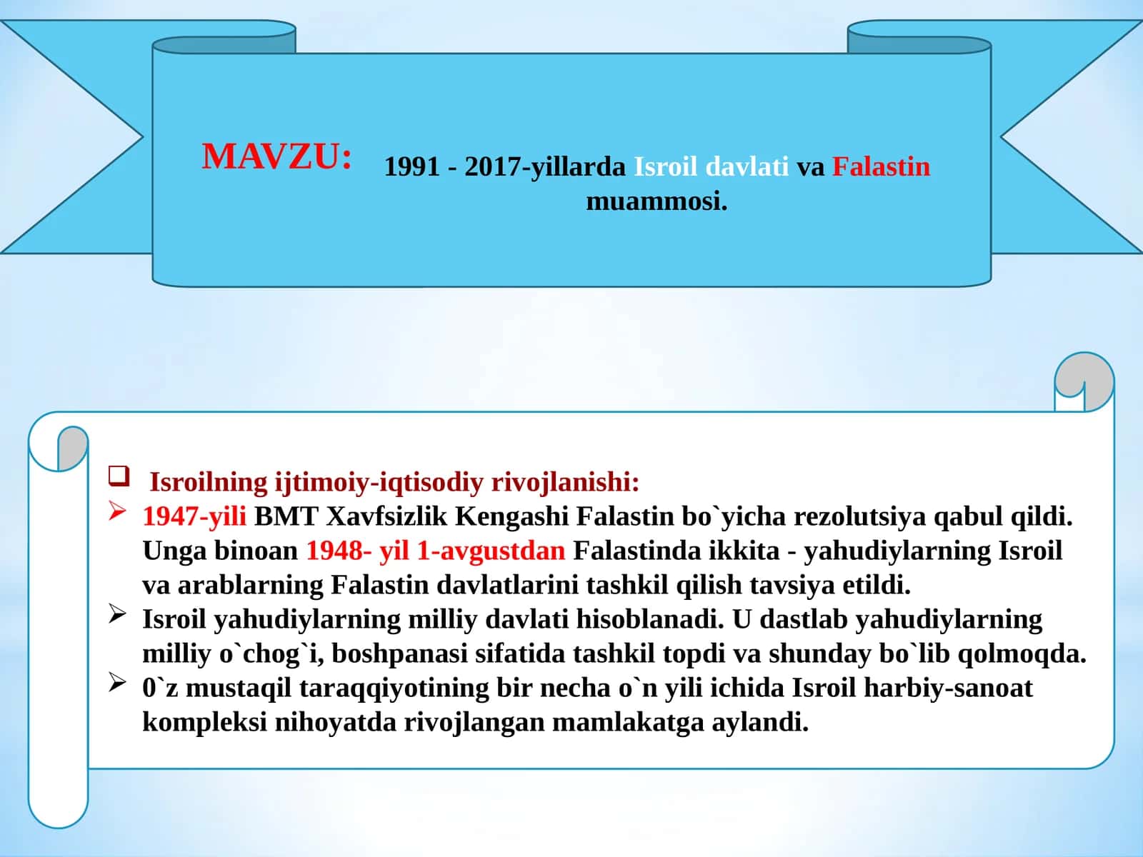 "1991-2017-yillarda Isroil davlati va Falastin muammosi." mavzusida 11-sinf tarix fanidan dars ishlanma