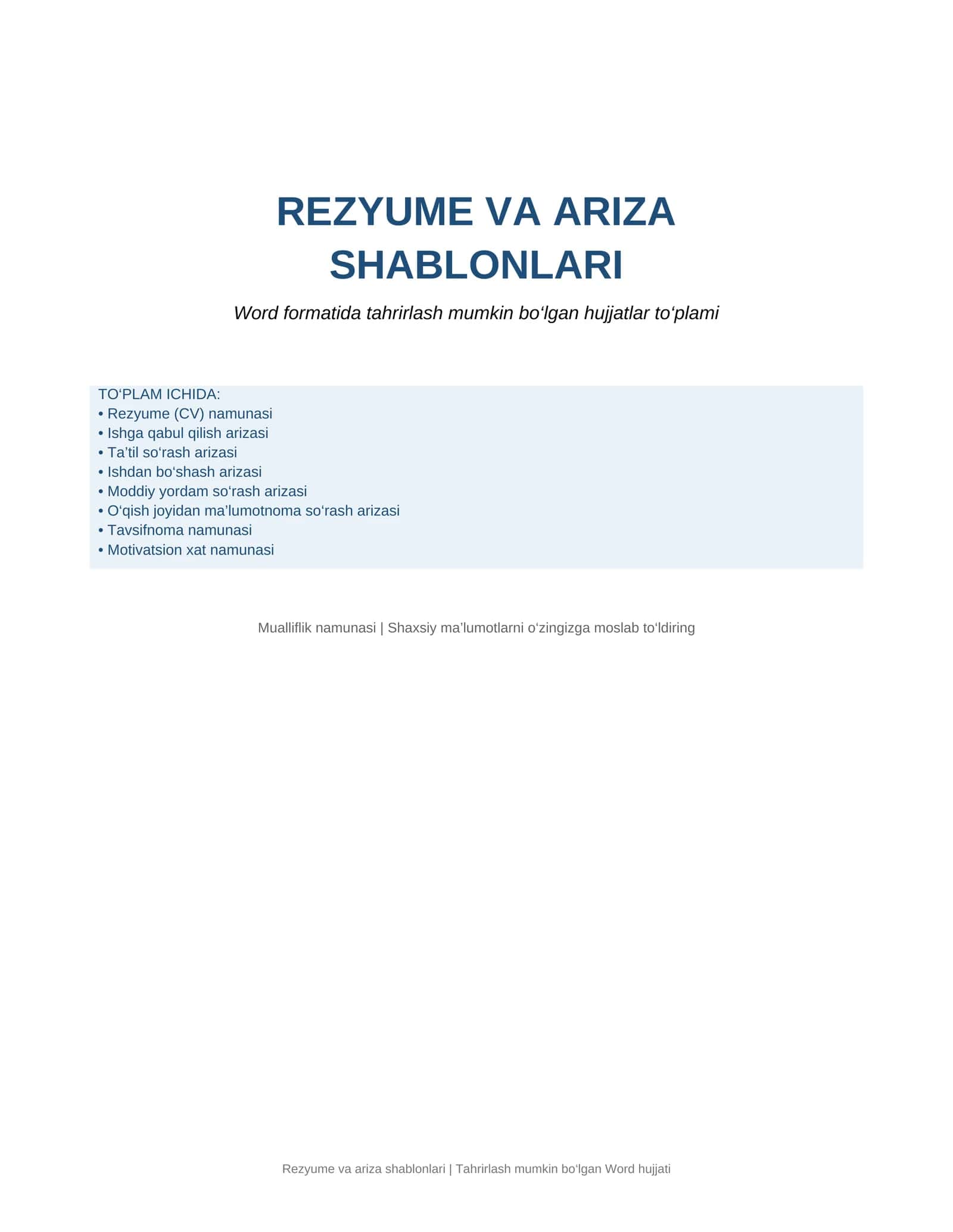 Rezyume va ariza shablonlari — Word formatida tayyor hujjatlar to‘plami