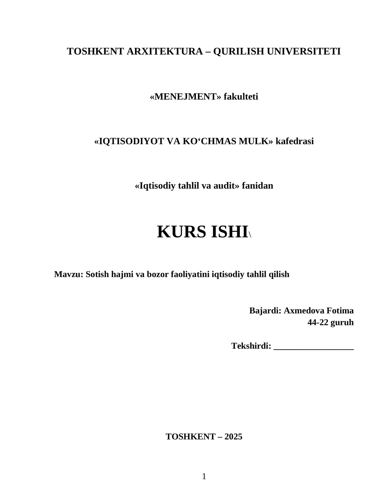 Sotish hajmi va bozor faoliyatini iqtisodiy tahlil qilish