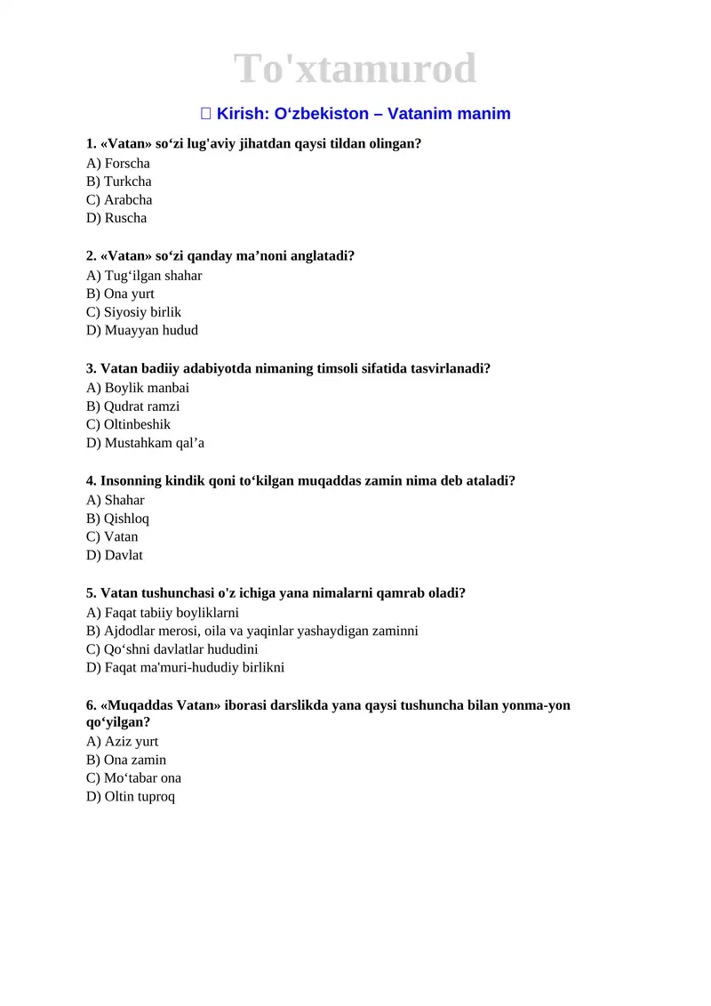 5 Tarixdan hikoyalar 2020 mavzulashtirilgan testlar.